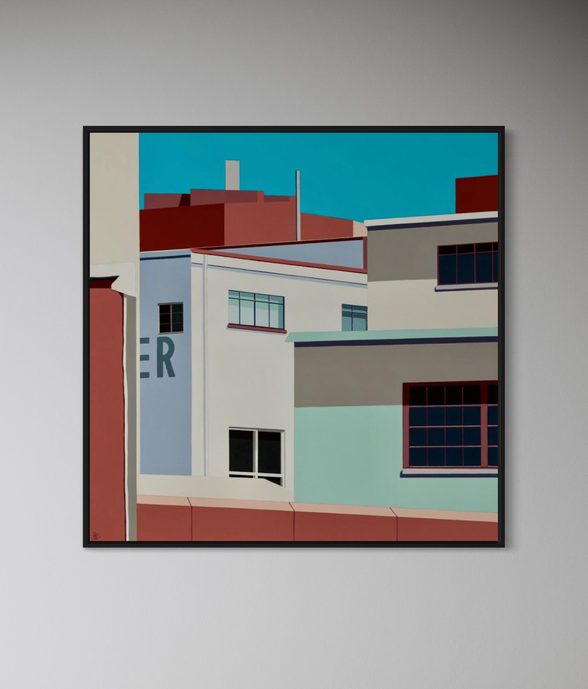 Original acrylic painting Schemes by Gordon Leverton depicting colonial mansion architecture in Roma Norte Mexico City with vibrant colors and geometric forms