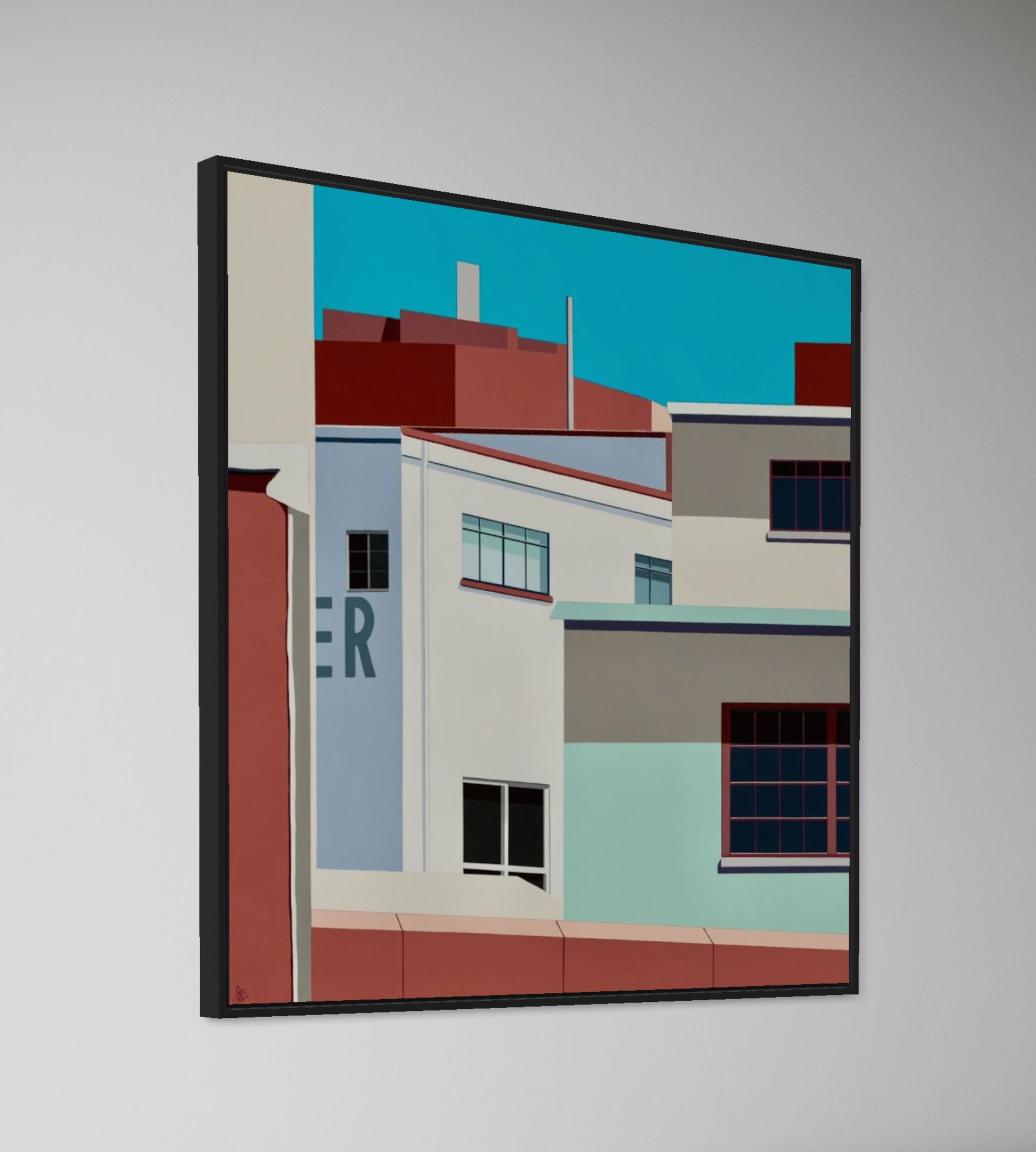 Original acrylic painting Schemes by Gordon Leverton depicting colonial mansion architecture in Roma Norte Mexico City with vibrant colors and geometric forms