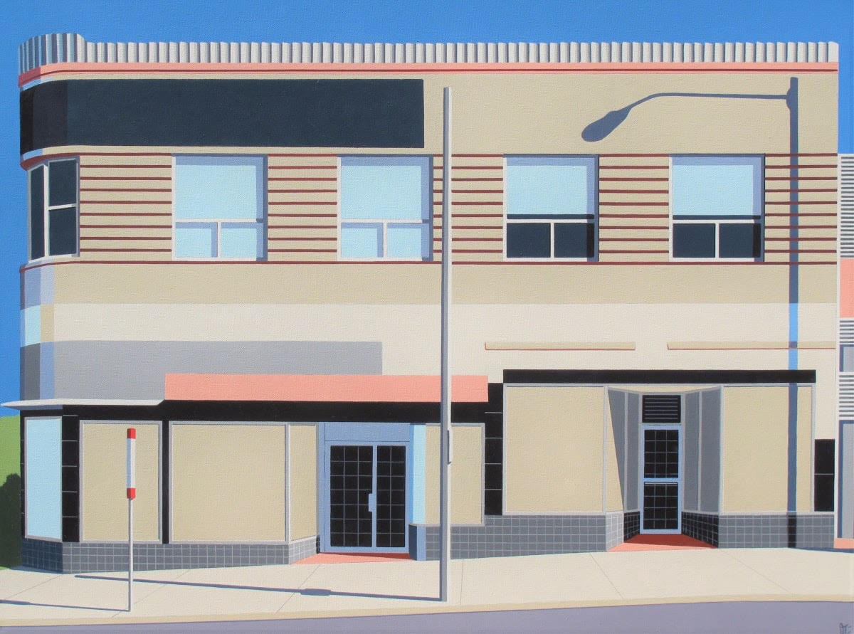 Original acrylic painting Slow The Advance by Gordon Leverton depicting building at Bloor and Jane Streets Toronto with urban architecture