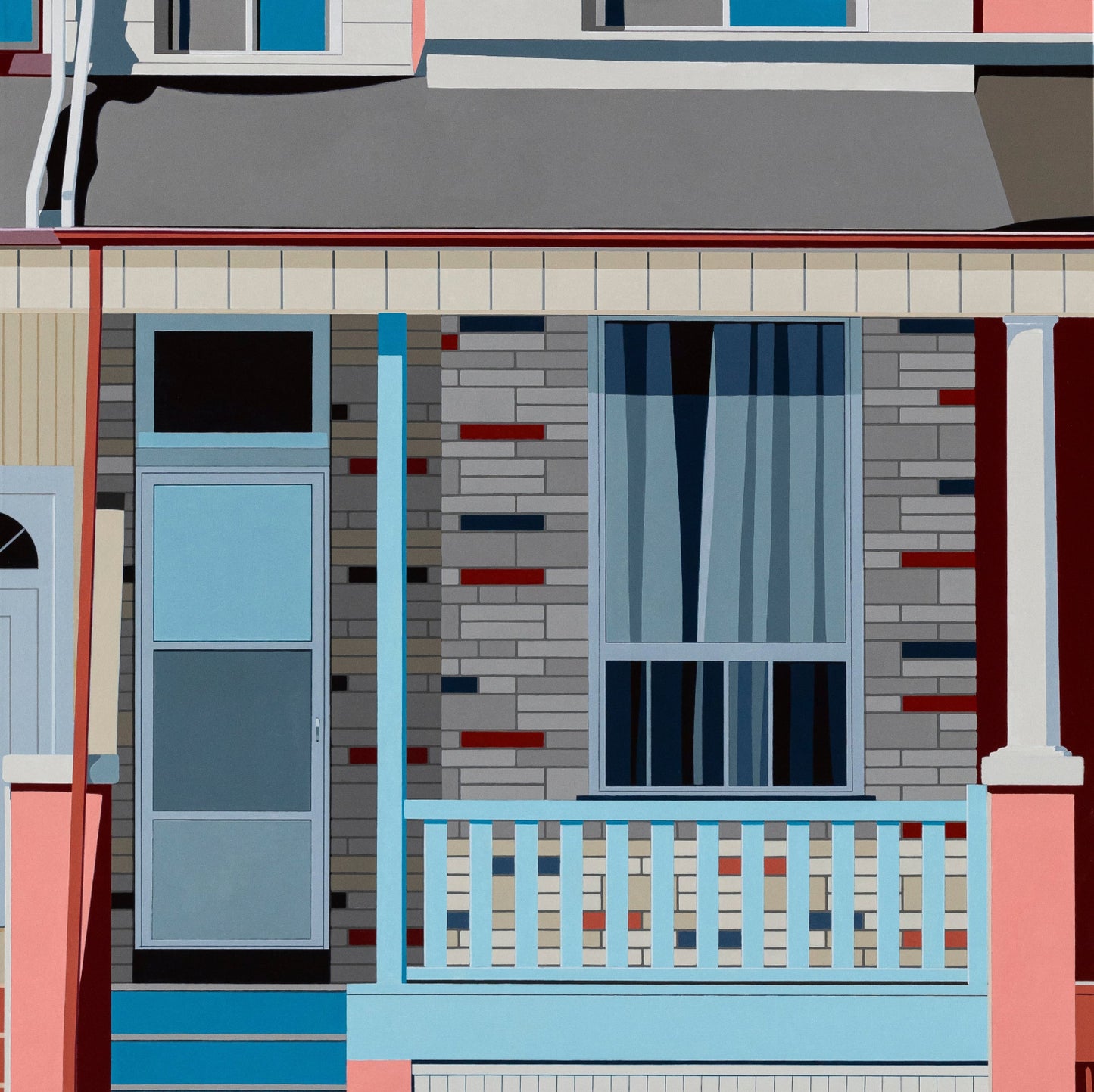 Original acrylic painting Slumber by Gordon Leverton depicting brick facade houses on Gerard Street East Toronto with Canadian urban architecture