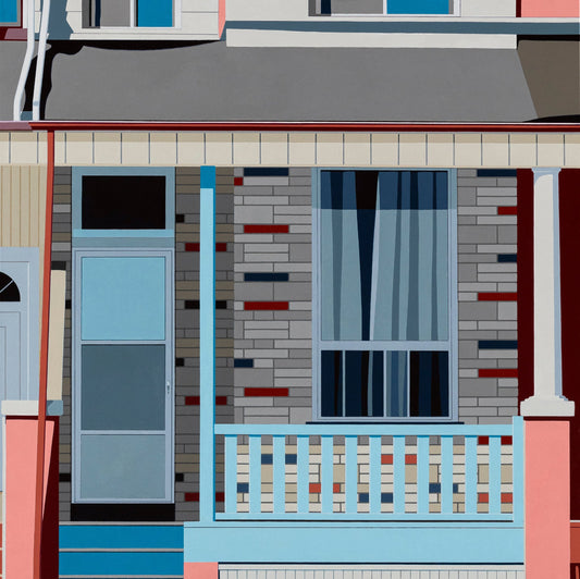 Original acrylic painting Slumber by Gordon Leverton depicting brick facade houses on Gerard Street East Toronto with Canadian urban architecture