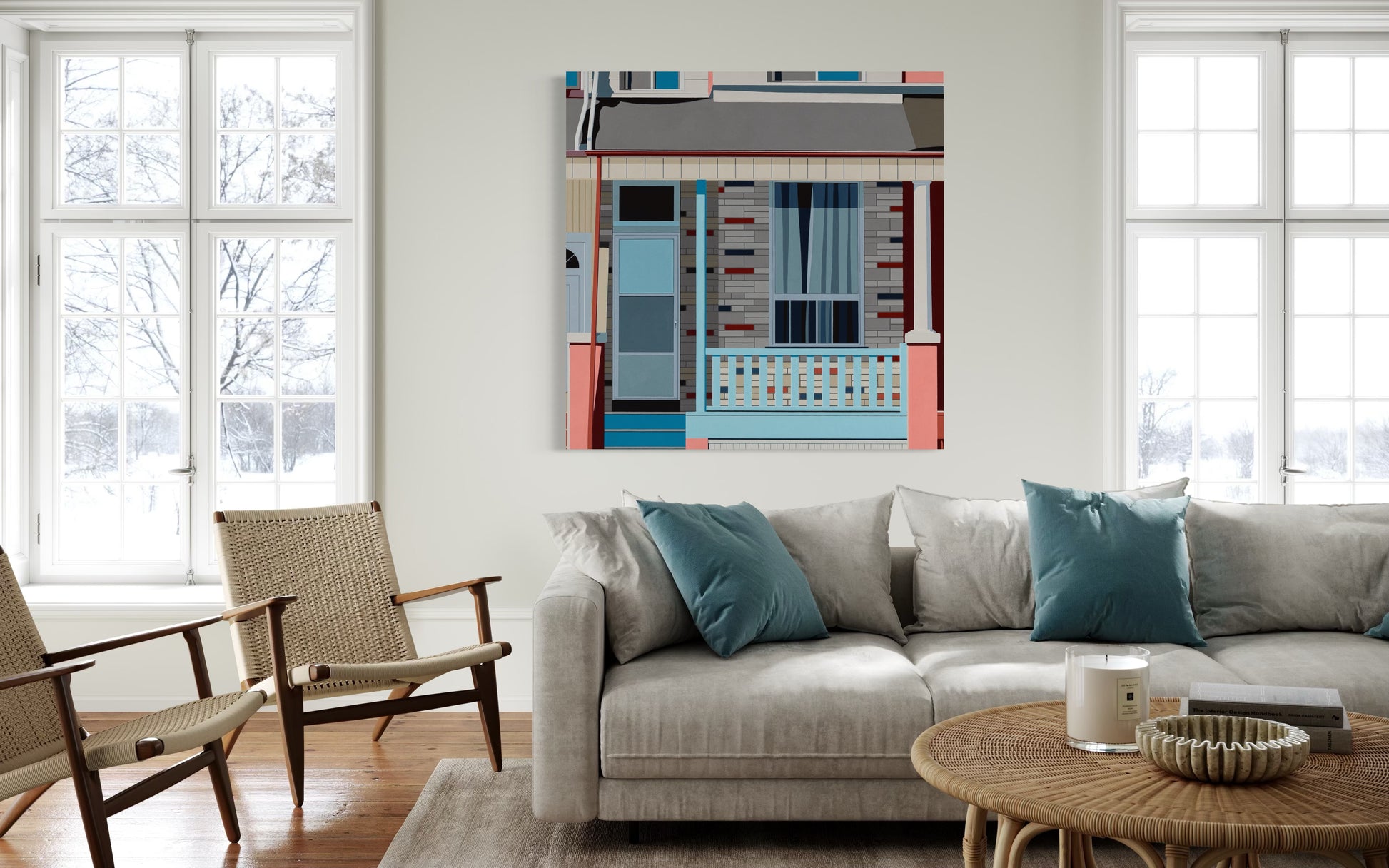 Original acrylic painting Slumber by Gordon Leverton depicting brick facade houses on Gerard Street East Toronto with Canadian urban architecture