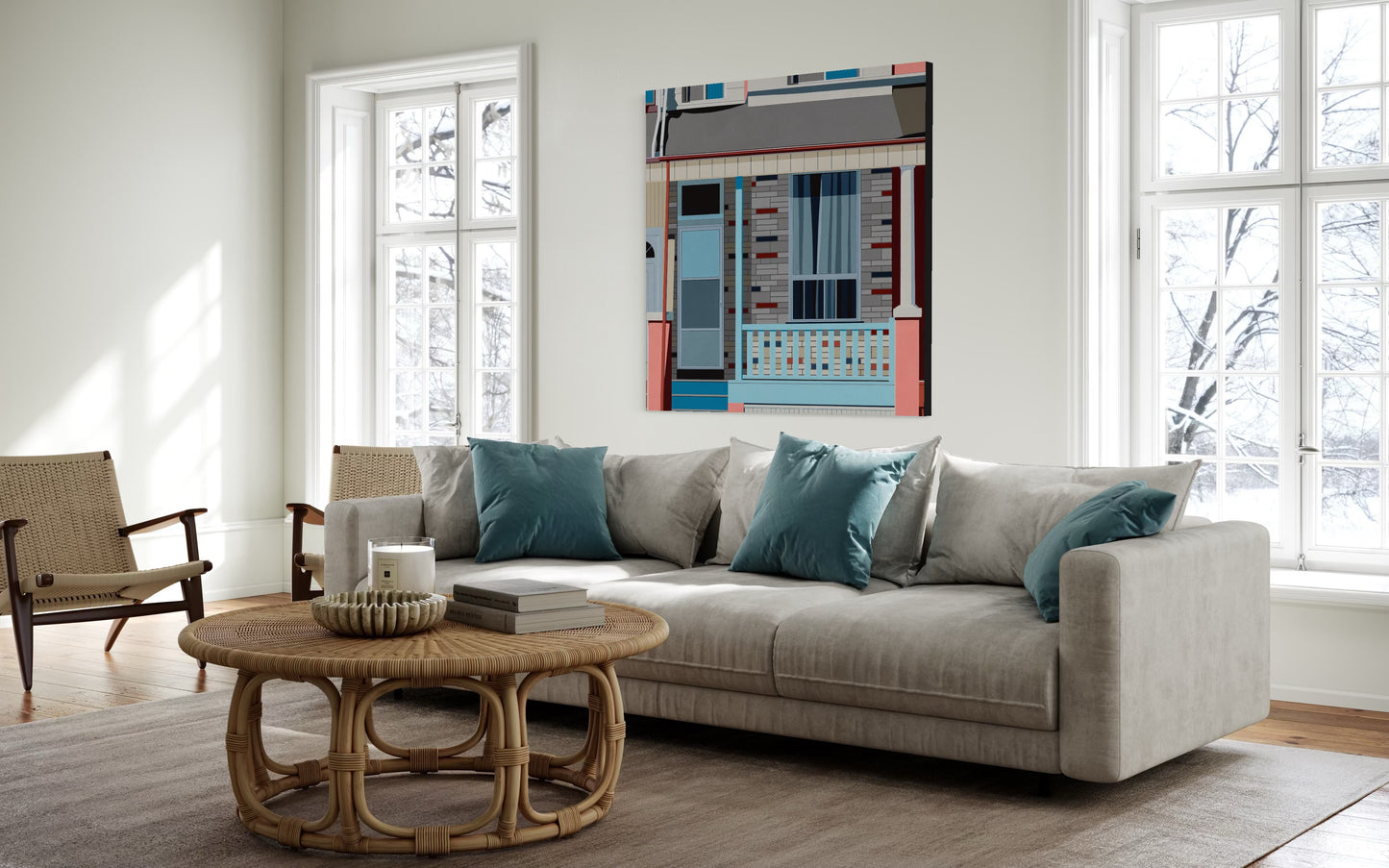 Original acrylic painting Slumber by Gordon Leverton depicting brick facade houses on Gerard Street East Toronto with Canadian urban architecture