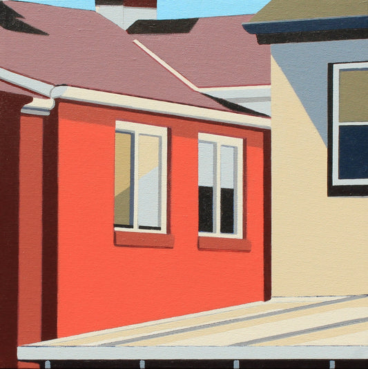Original acrylic painting Squared Up by Gordon Leverton depicting colorful row houses in Strathcona Hamilton with green blue and yellow facades