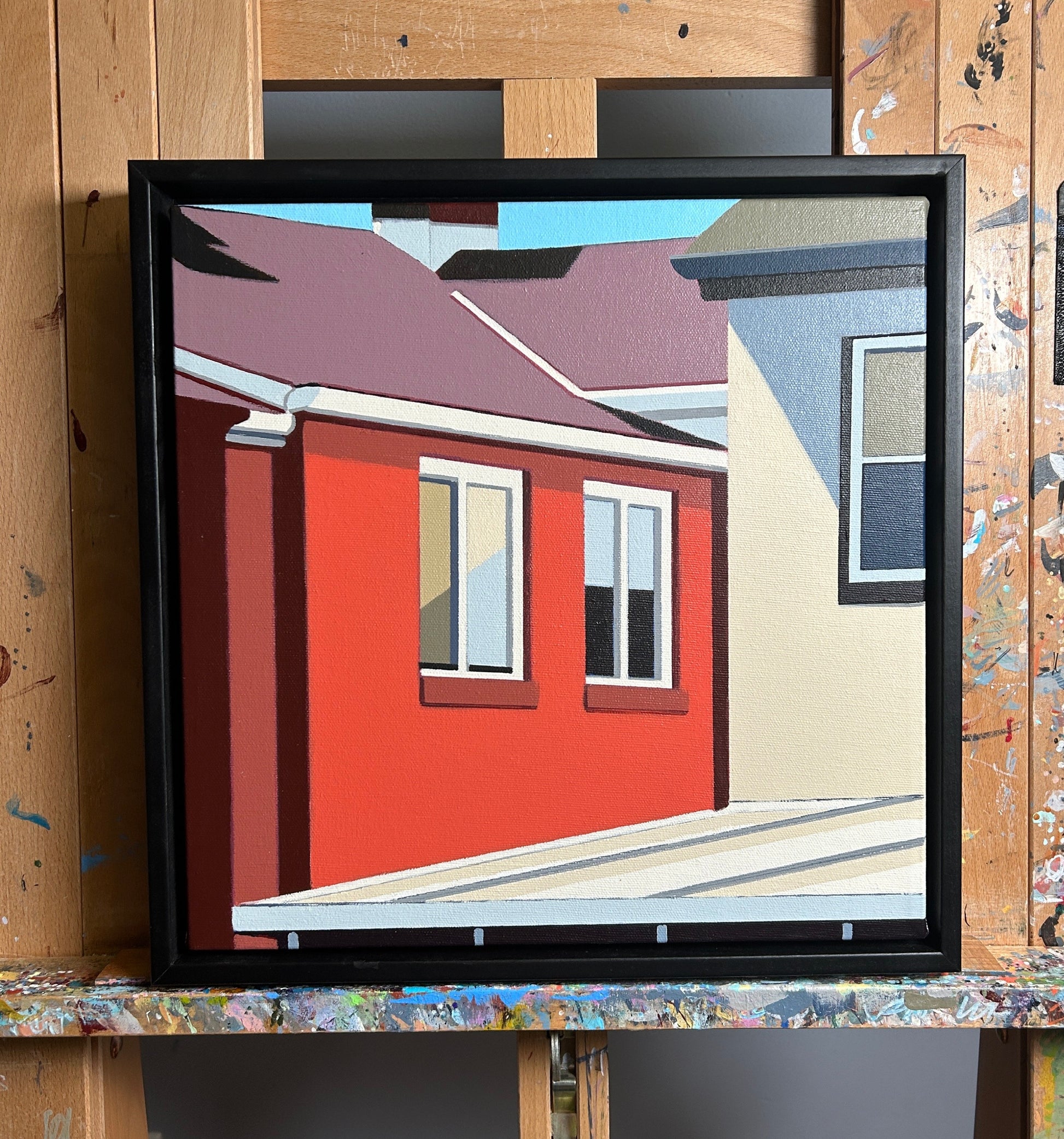 Original acrylic painting Squared Up by Gordon Leverton depicting colorful row houses in Strathcona Hamilton with green blue and yellow facades