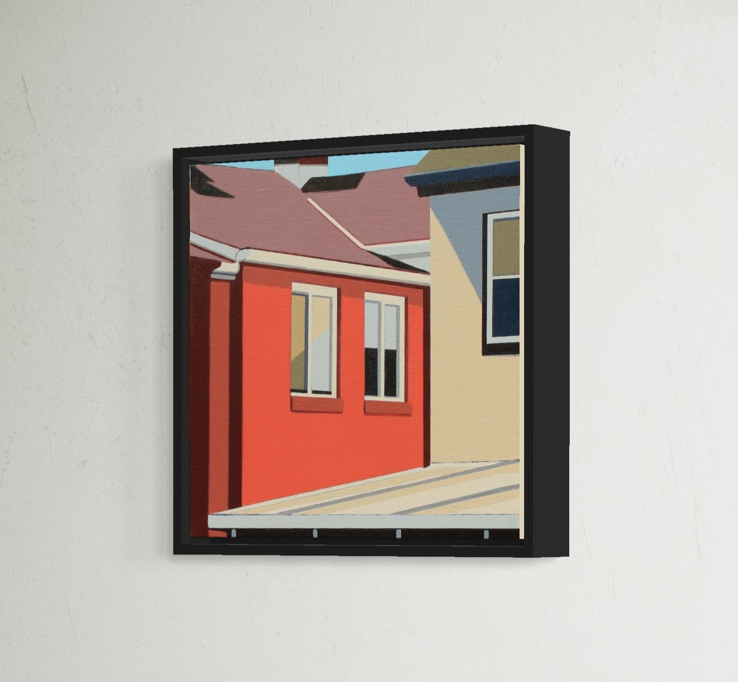 Original acrylic painting Squared Up by Gordon Leverton depicting colorful row houses in Strathcona Hamilton with green blue and yellow facades