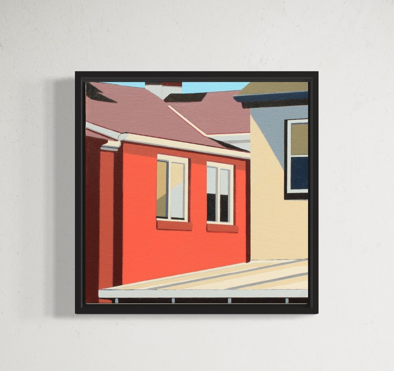 Original acrylic painting Squared Up by Gordon Leverton depicting colorful row houses in Strathcona Hamilton with green blue and yellow facades