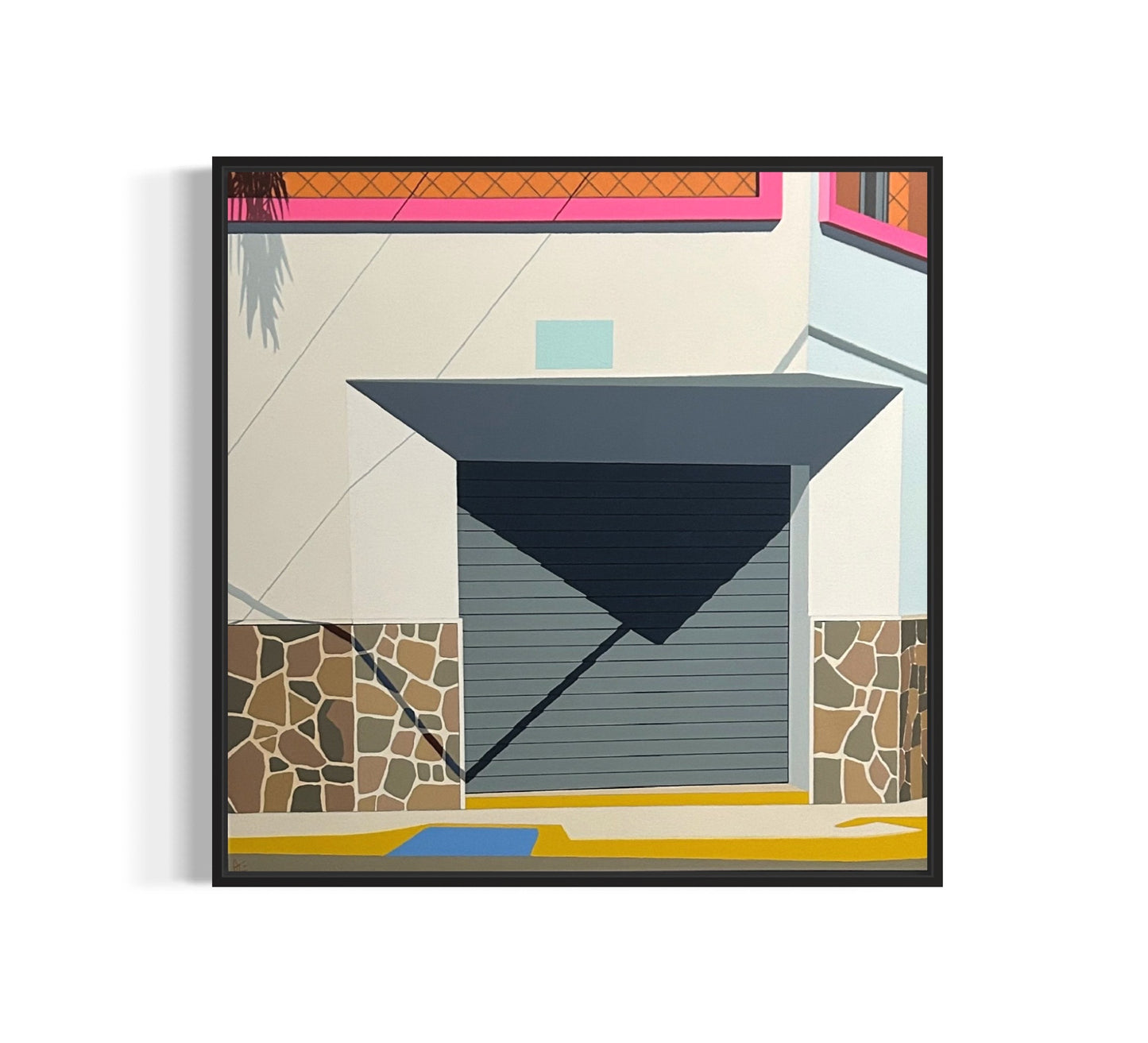 Original acrylic painting Tropicalia by Gordon Leverton depicting colonial architecture in Americano Guadalajara Mexico with vibrant tropical colors and geometric forms