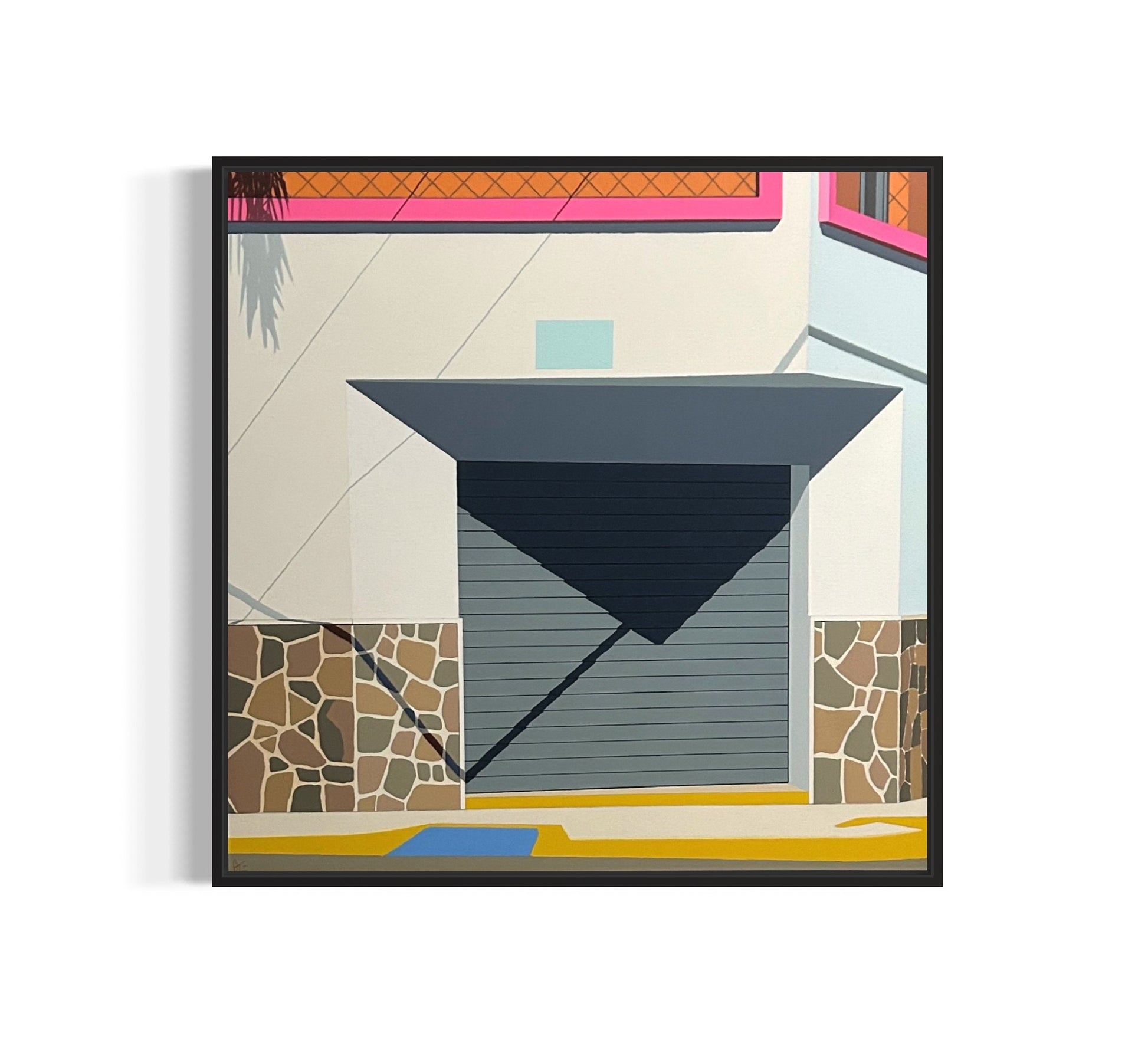 Original acrylic painting Tropicalia by Gordon Leverton depicting colonial architecture in Americano Guadalajara Mexico with vibrant tropical colors and geometric forms