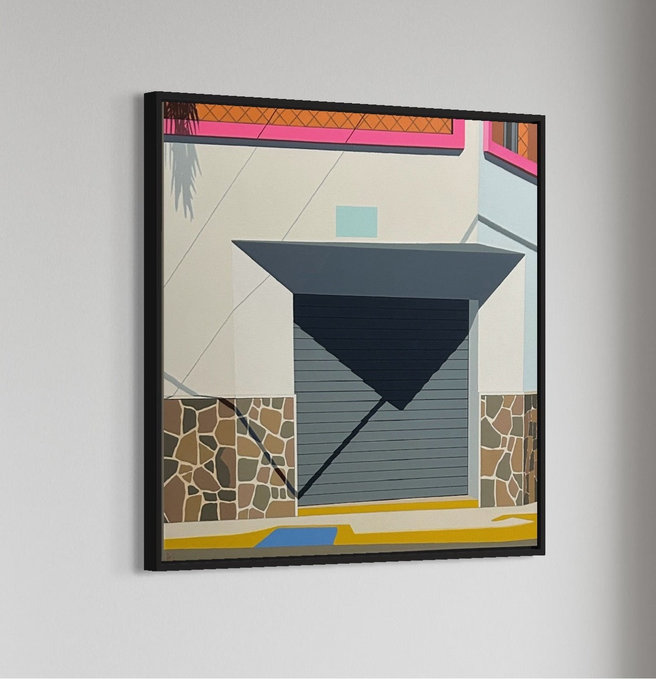 Original acrylic painting Tropicalia by Gordon Leverton depicting colonial architecture in Americano Guadalajara Mexico with vibrant tropical colors and geometric forms