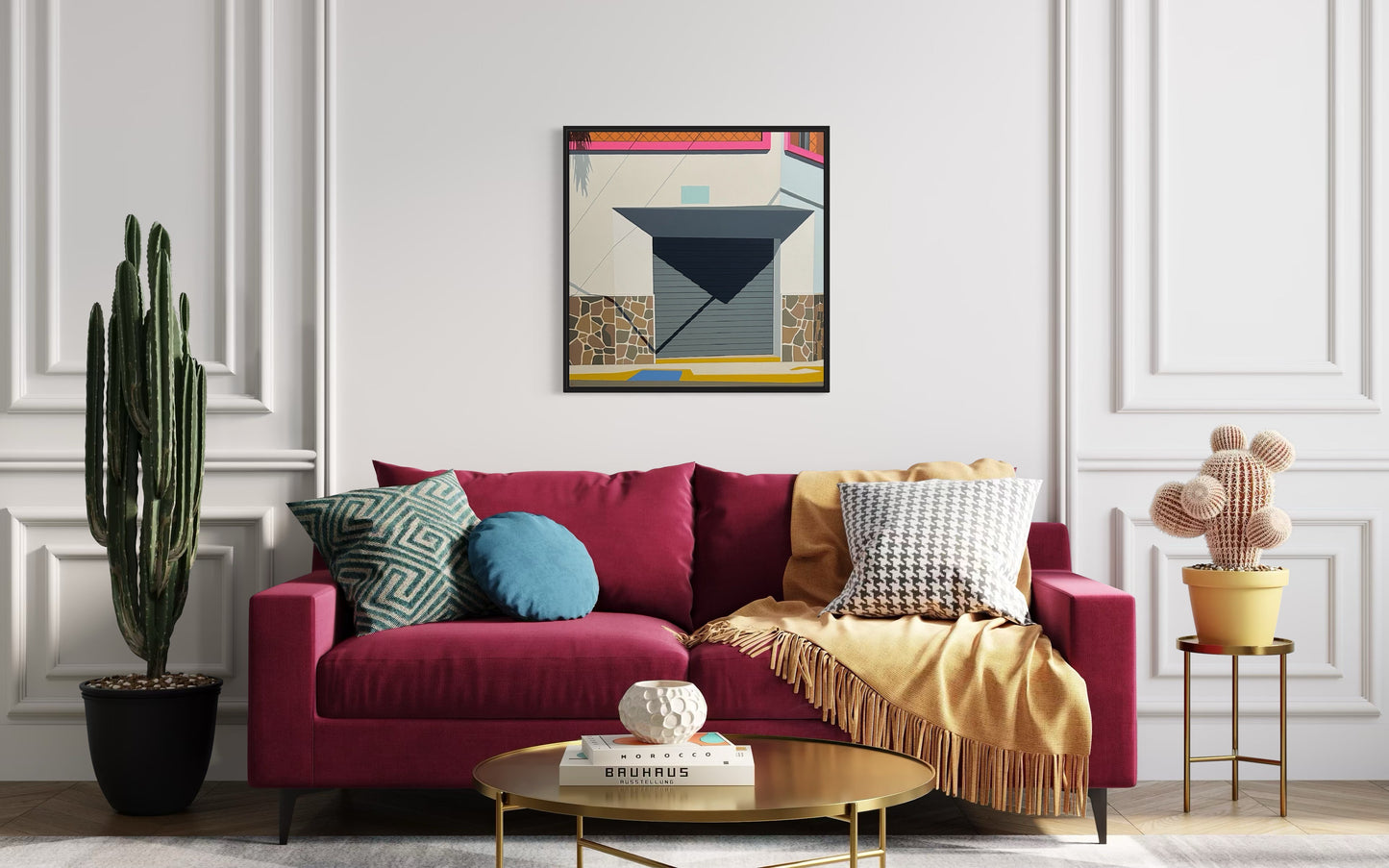Original acrylic painting Tropicalia by Gordon Leverton depicting colonial architecture in Americano Guadalajara Mexico with vibrant tropical colors and geometric forms
