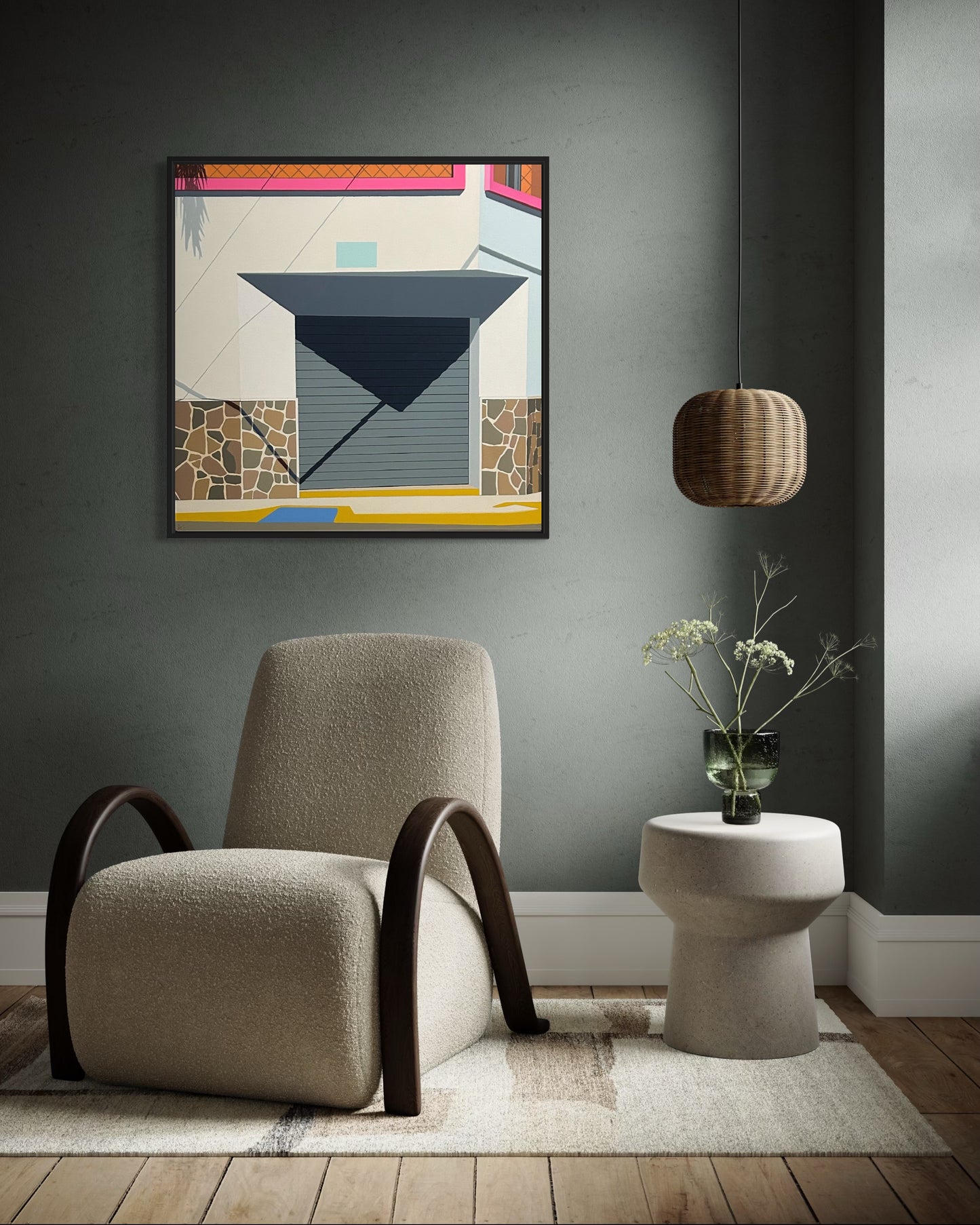 Original acrylic painting Tropicalia by Gordon Leverton depicting colonial architecture in Americano Guadalajara Mexico with vibrant tropical colors and geometric forms