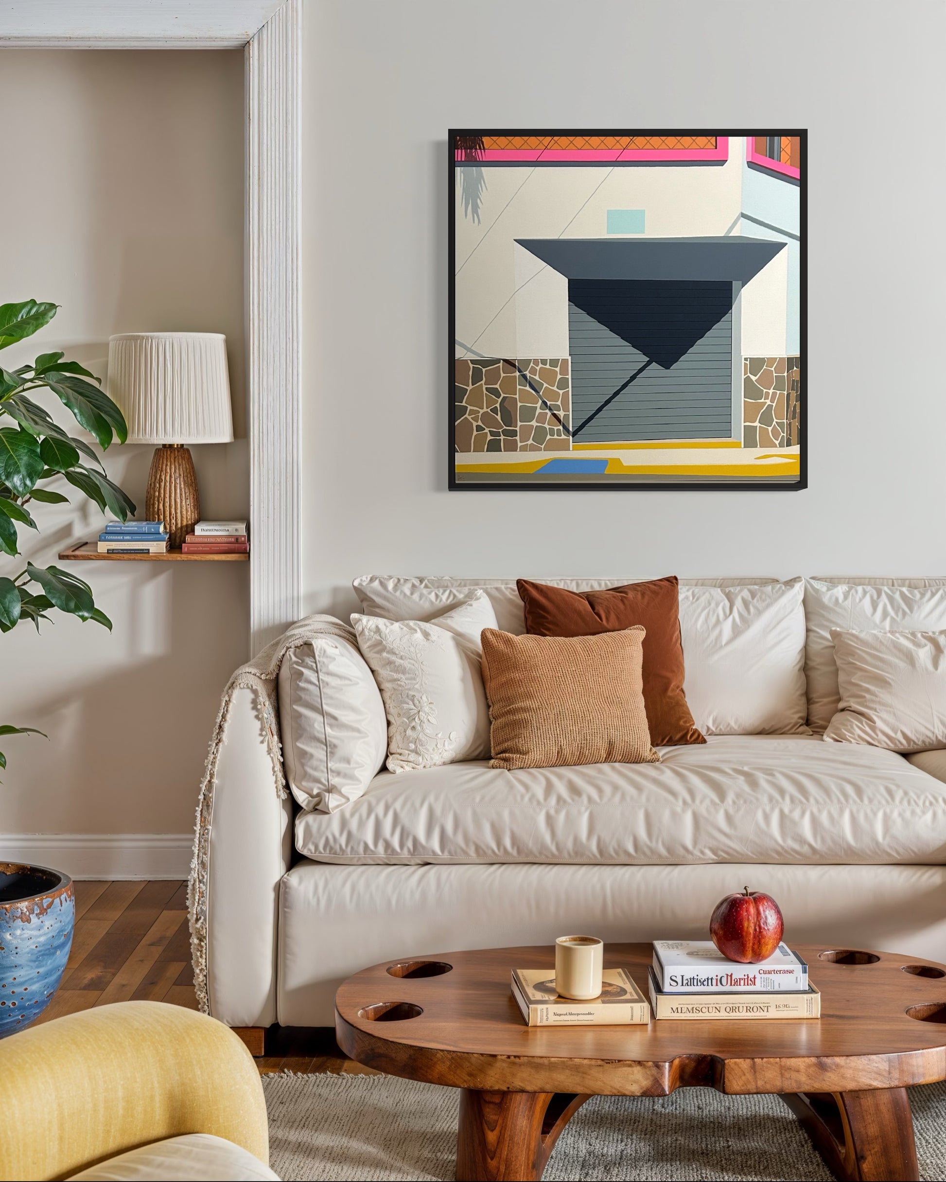 Original acrylic painting Tropicalia by Gordon Leverton depicting colonial architecture in Americano Guadalajara Mexico with vibrant tropical colors and geometric forms