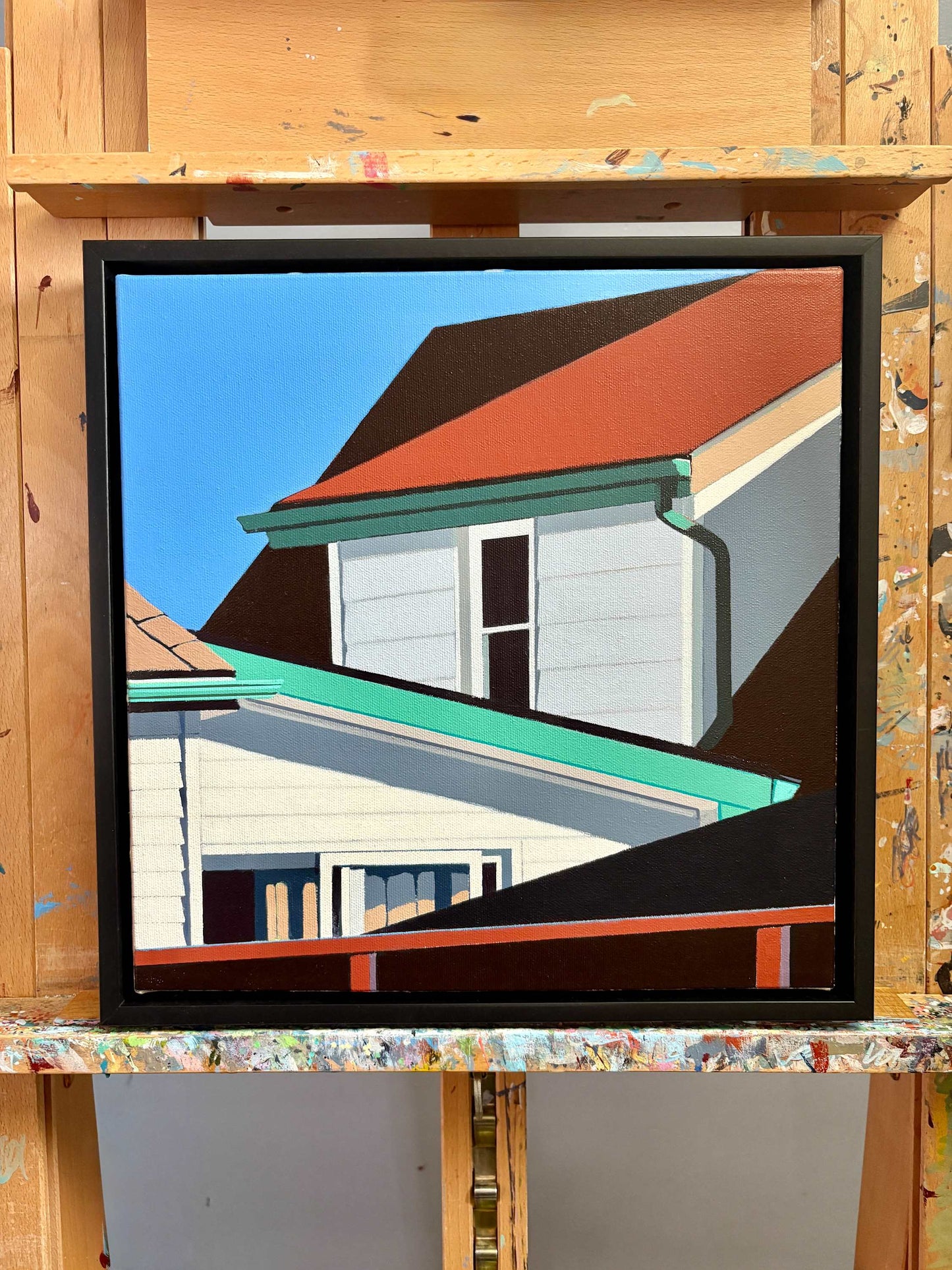 True Believer is an original 12x12 inch painting by Gordon Leverton, Hamilton Artist, featuring architectural painting of a side view homes in Kitchener, Canada in bold geometric shapes.