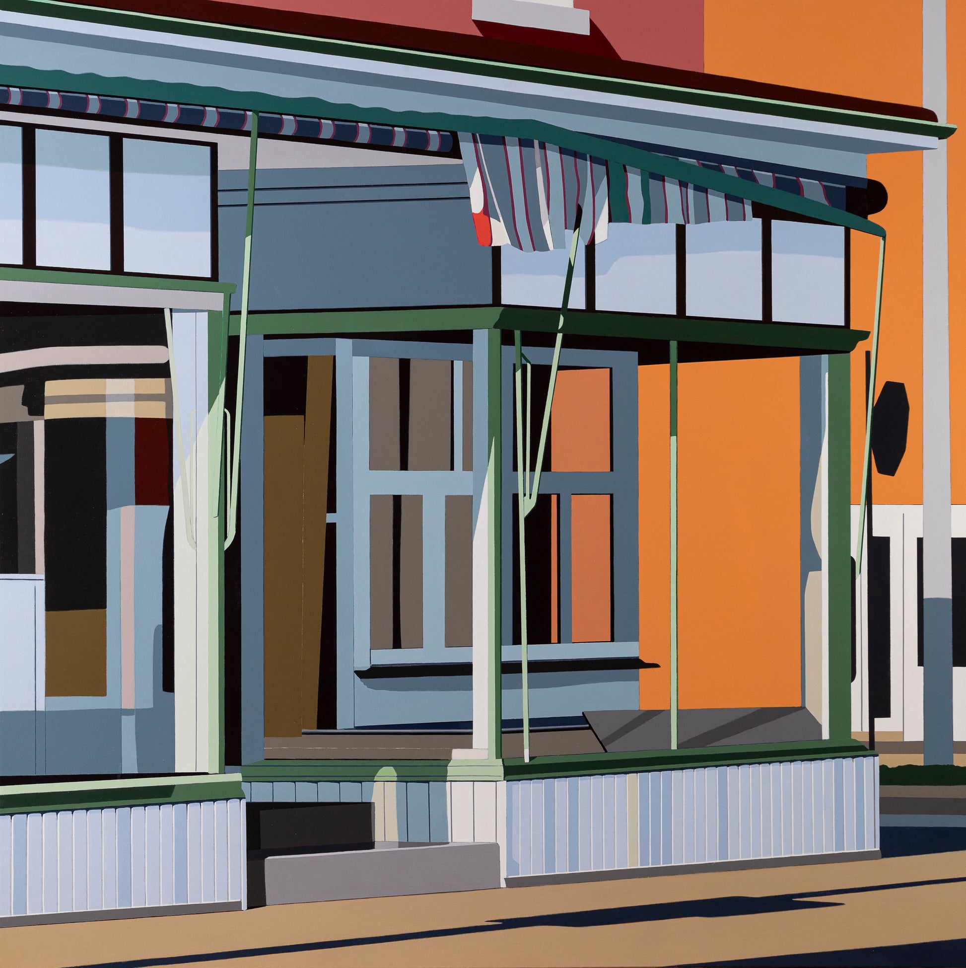 Original acrylic painting Vintage Charm by Gordon Leverton depicting 313 Barton Street corner building in Hamilton with historic storefront architecture