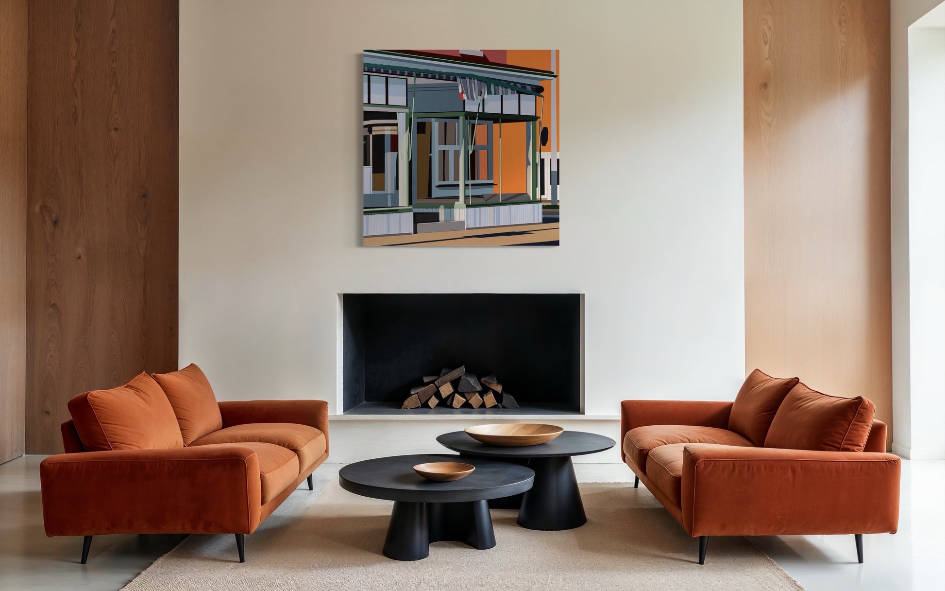 Original acrylic painting Vintage Charm by Gordon Leverton depicting 313 Barton Street corner building in Hamilton with historic storefront architecture