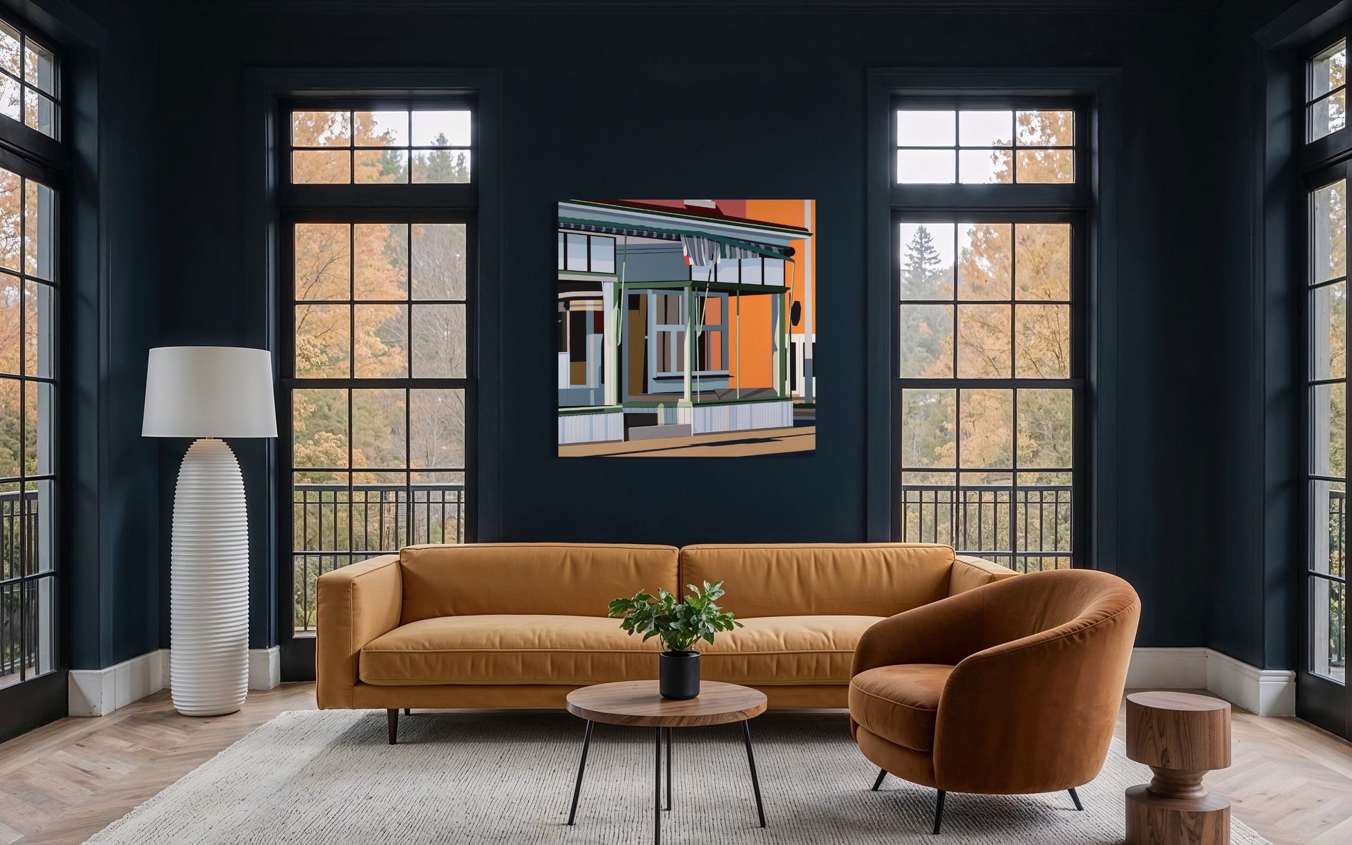 Original acrylic painting Vintage Charm by Gordon Leverton depicting 313 Barton Street corner building in Hamilton with historic storefront architecture