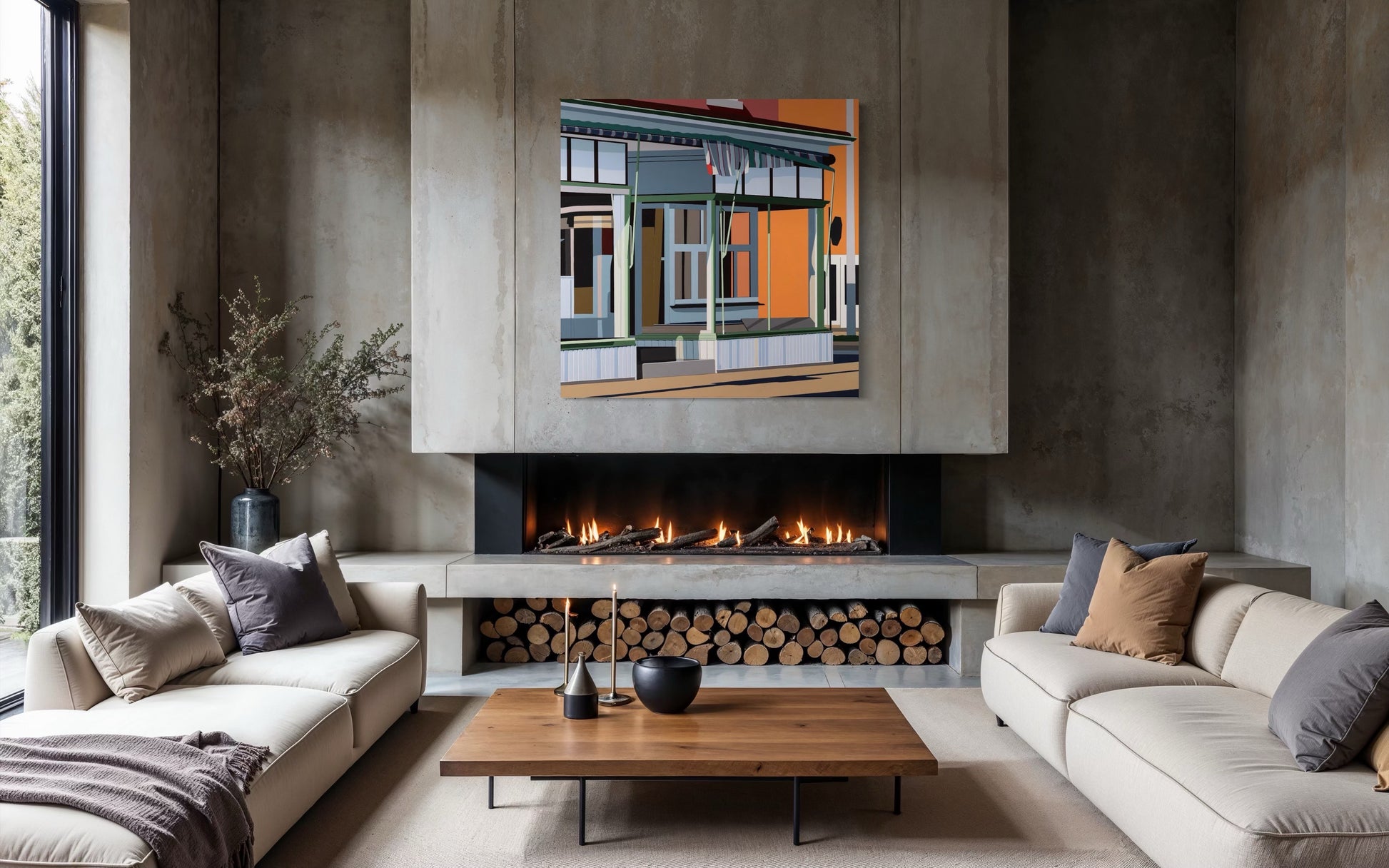 Original acrylic painting Vintage Charm by Gordon Leverton depicting 313 Barton Street corner building in Hamilton with historic storefront architecture