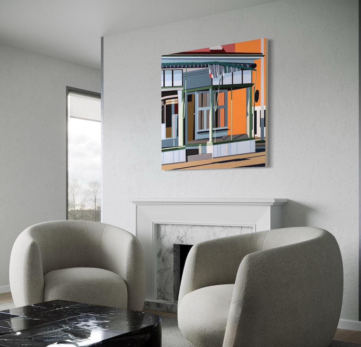 Original acrylic painting Vintage Charm by Gordon Leverton depicting 313 Barton Street corner building in Hamilton with historic storefront architecture