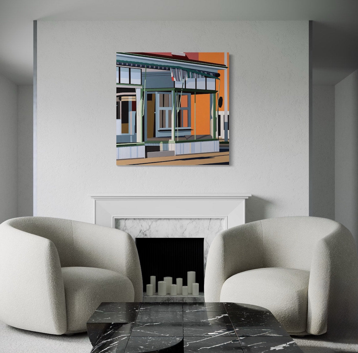 Original acrylic painting Vintage Charm by Gordon Leverton depicting 313 Barton Street corner building in Hamilton with historic storefront architecture