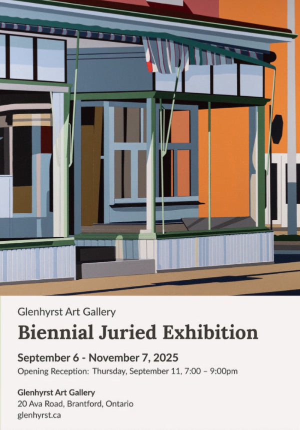 Advertisement for Glenhyrst Art Gallery Biennial Juried Exhibition with building illustration.
