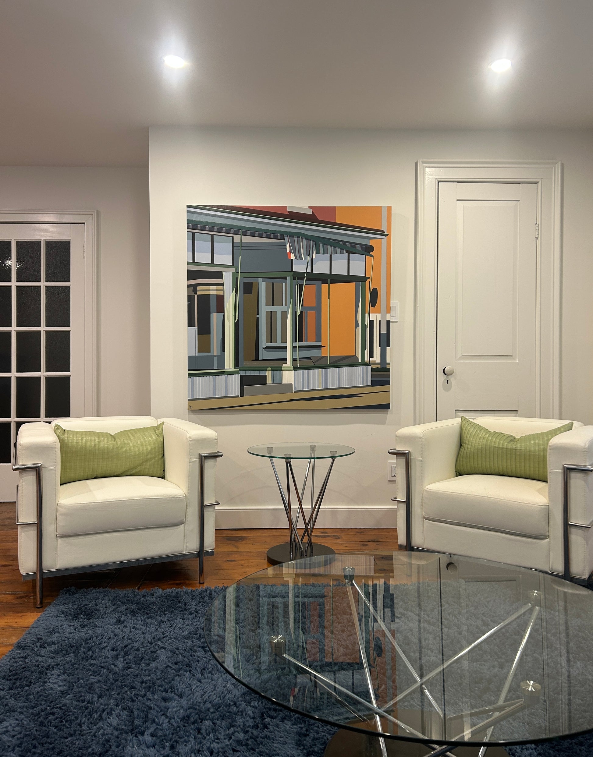 Original acrylic painting Vintage Charm by Gordon Leverton depicting 313 Barton Street corner building in Hamilton with historic storefront architecture