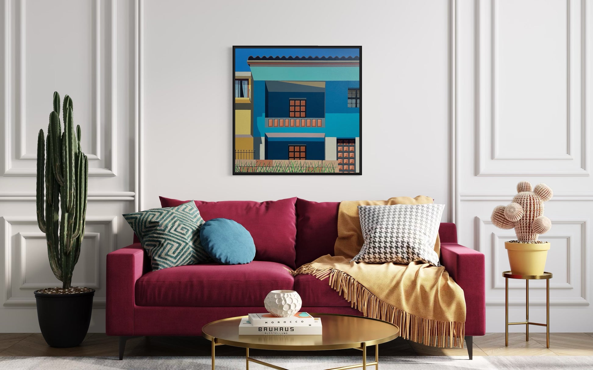 Original acrylic painting Wiñay by Gordon Leverton depicting historic buildings on Jirón de la Unión in Lima Peru with colonial architecture