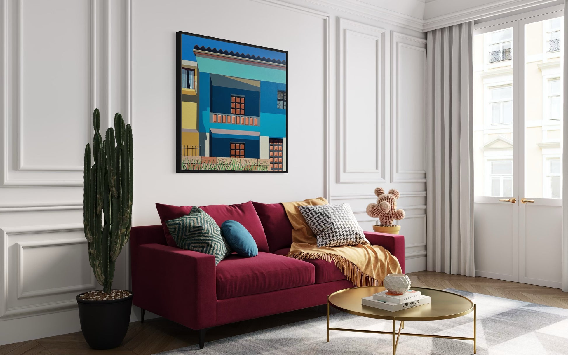 Original acrylic painting Wiñay by Gordon Leverton depicting historic buildings on Jirón de la Unión in Lima Peru with colonial architecture