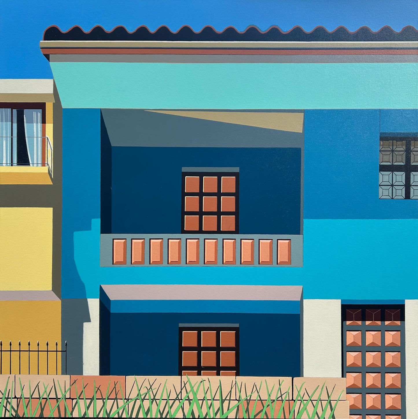 Original acrylic painting Wiñay by Gordon Leverton depicting historic buildings on Jirón de la Unión in Lima Peru with colonial architecture