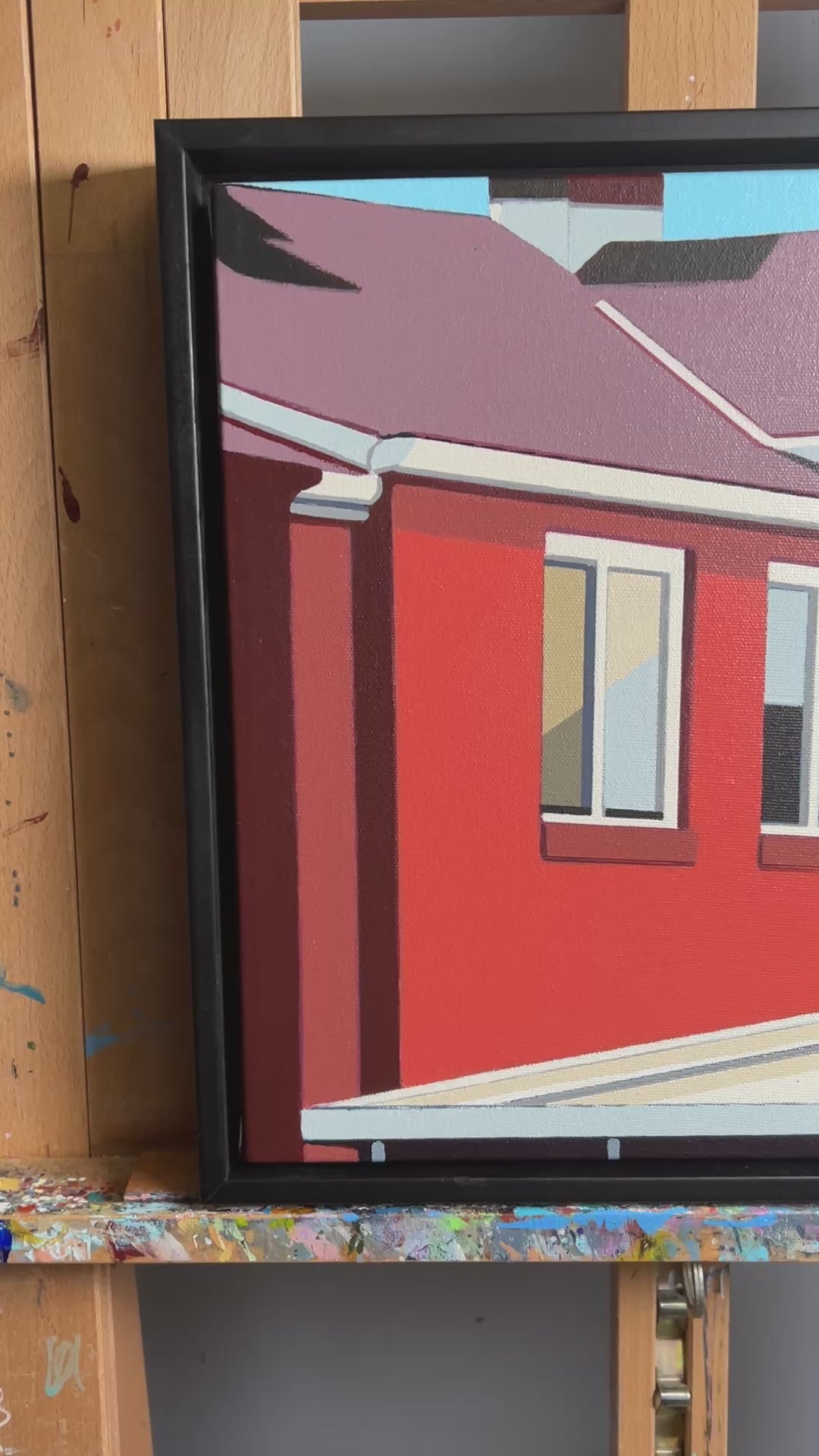 Original acrylic painting Squared Up by Gordon Leverton depicting colorful row houses in Strathcona Hamilton with green blue and yellow facades
