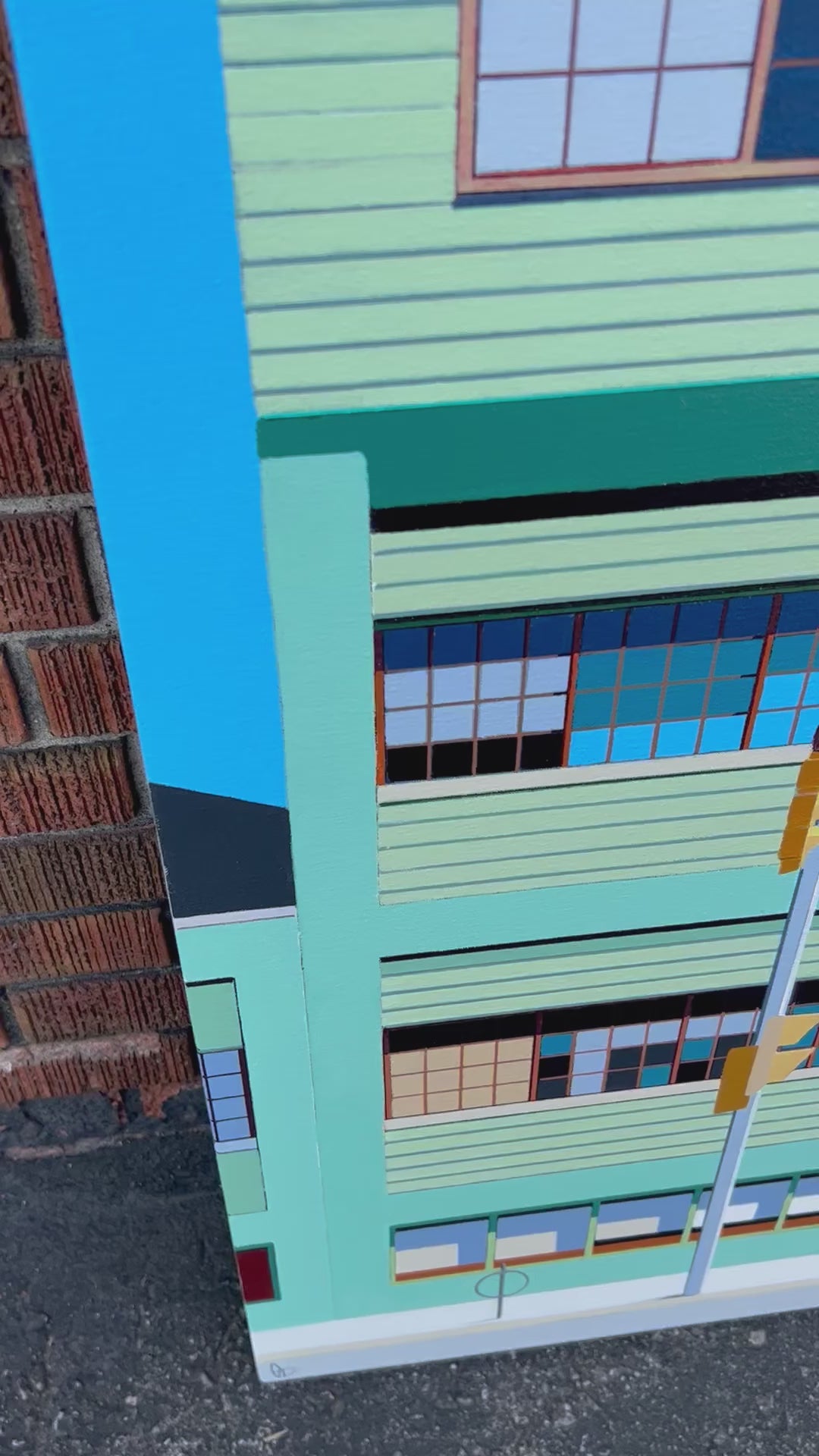Original acrylic painting Street Knowledge by Gordon Leverton depicting 888 Dupont Street warehouse building in Toronto with green balconies and multi-story urban architectural details