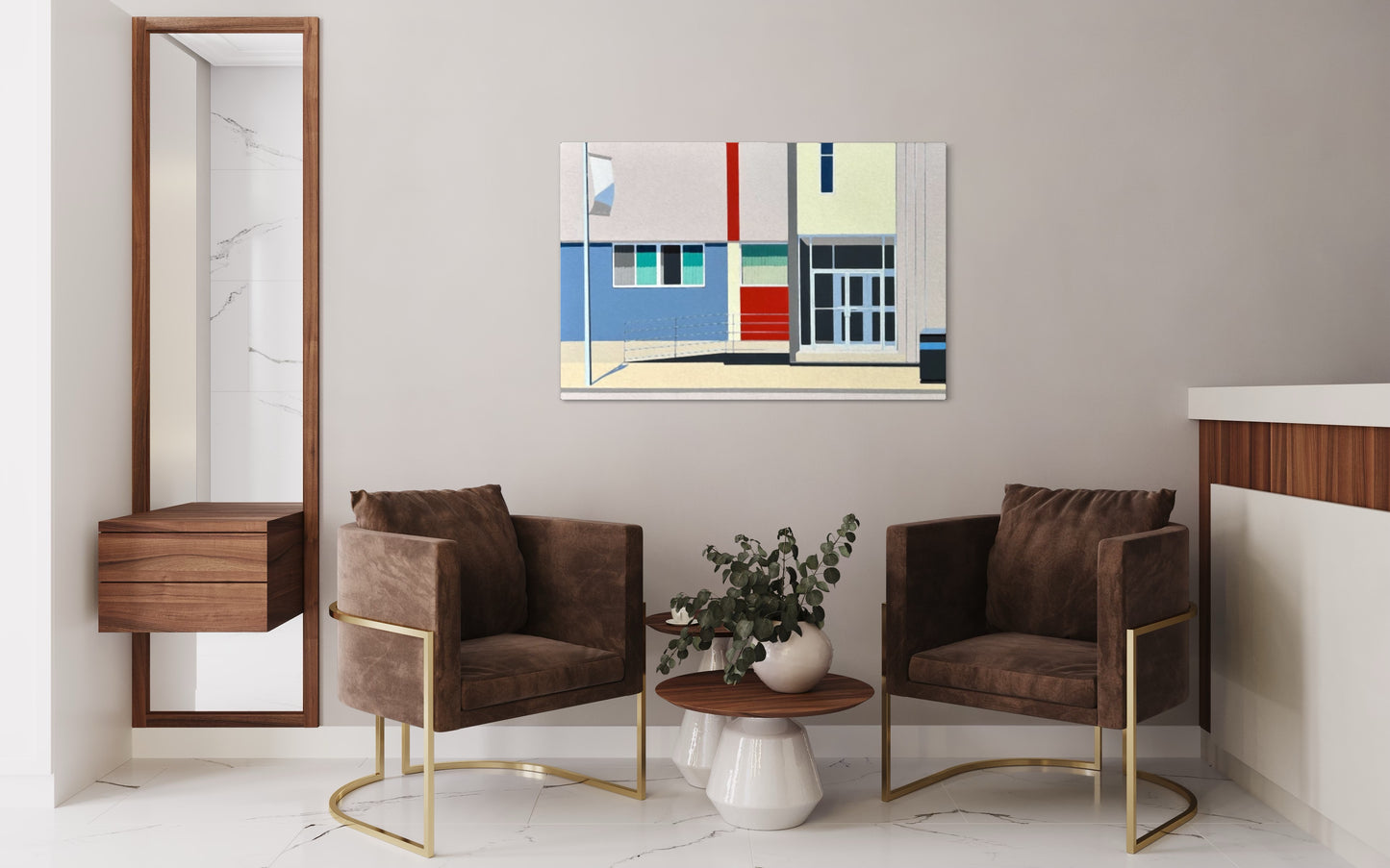 Original acrylic painting ACCORDANCE by Gordon Leverton depicting storefront on Queen Street West in Toronto Junction with contemporary urban architecture