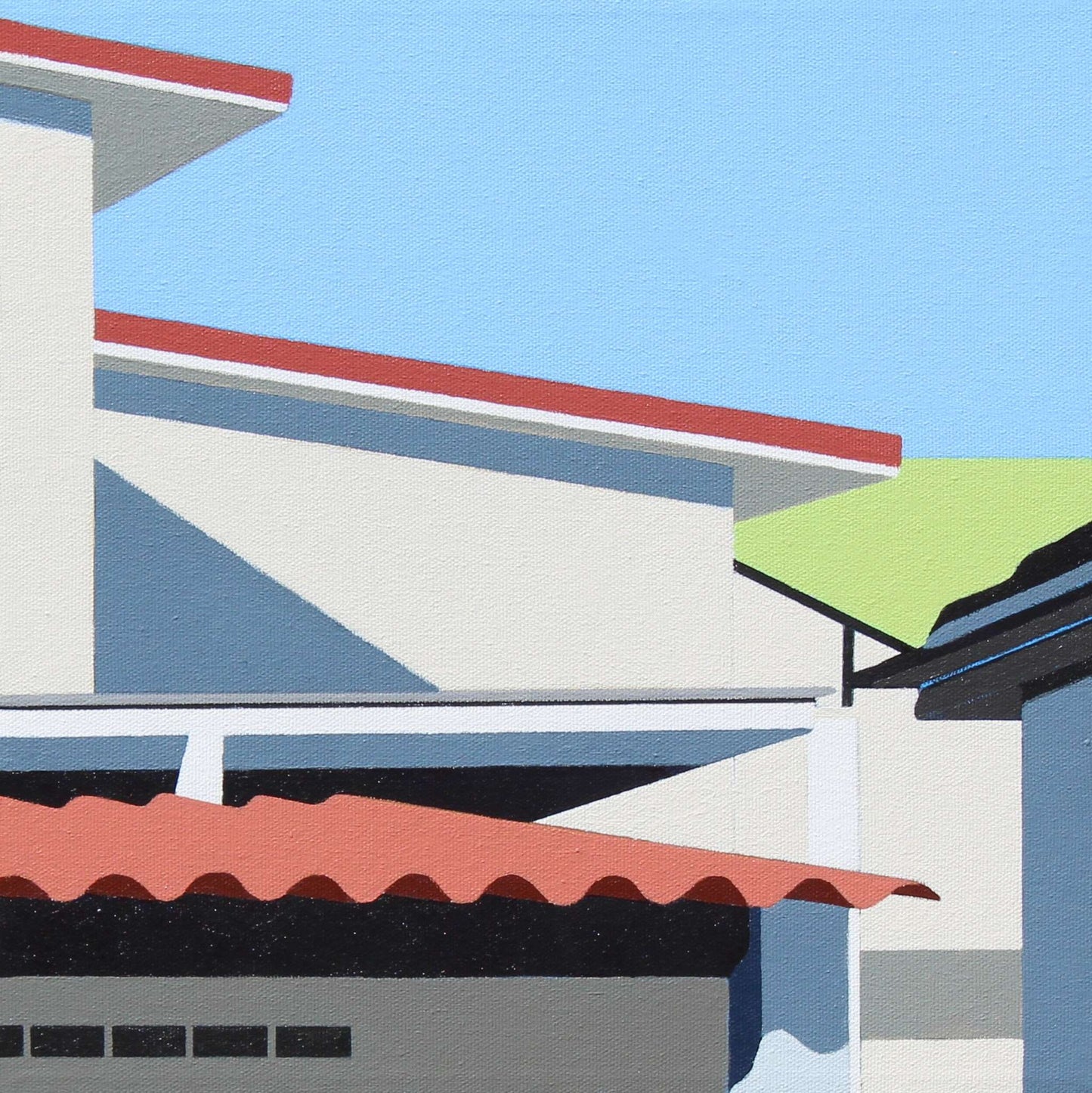 Geometric abstract design with colorful shapes against a blue sky.