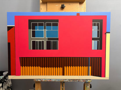 Colorful abstract art piece on an easel against a gray wall
Gordon Leverton - Urban Architectural Artist, Fine Art, Mexico City homes, award Winning, Bold artwork, Viva Color collection