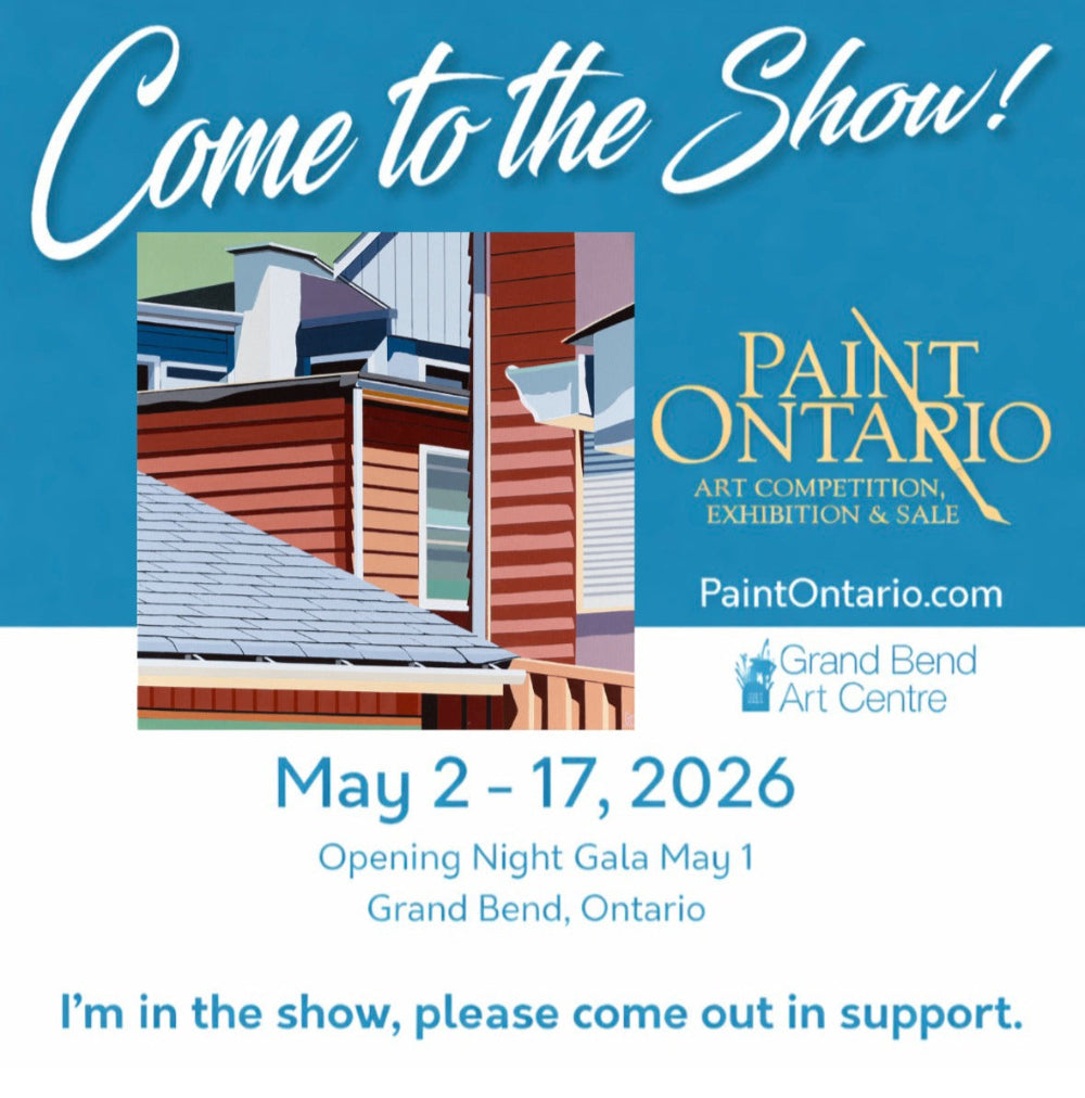 Gordon Leverton juried into Paint Ontario art competition with a painting of a building and event details.