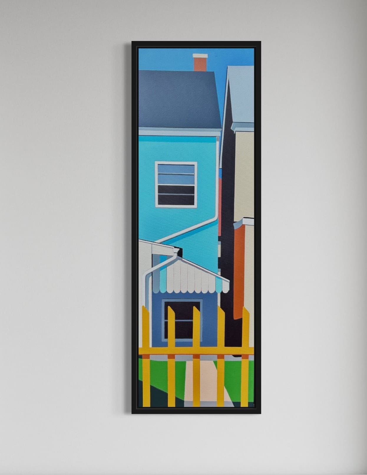Original acrylic painting  Bravado by Gordon Leverton depicting detailed architecture in Hamilton (Canada) with vibrant tropical colors and geometric forms.