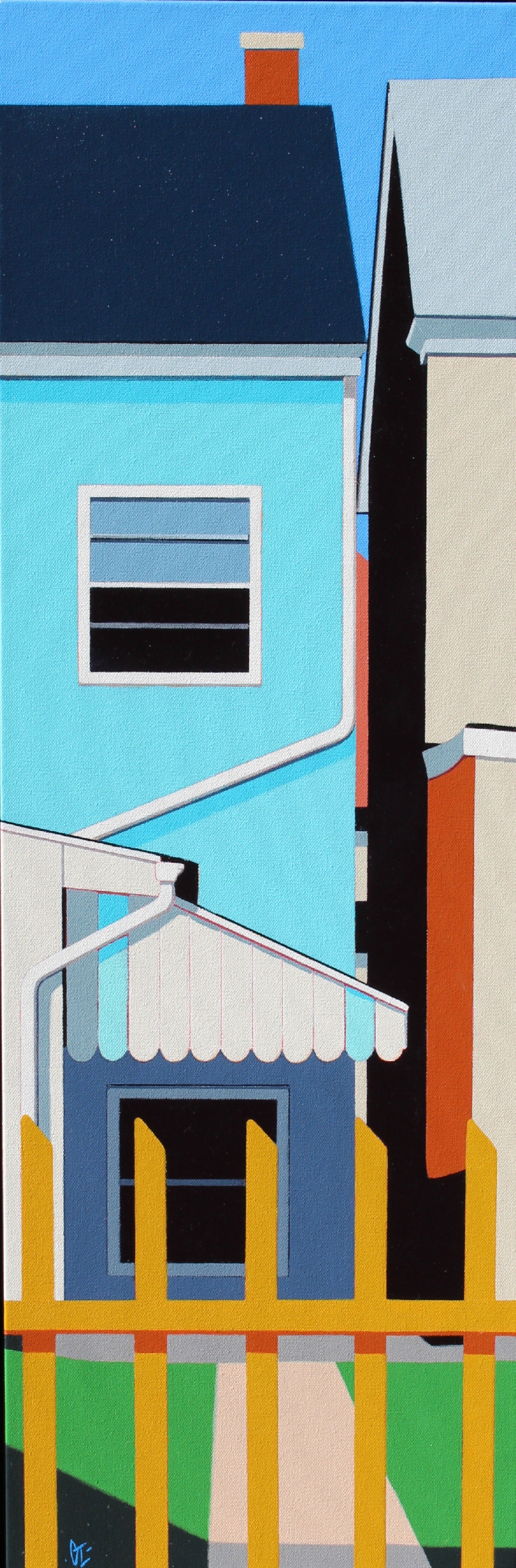 Original acrylic painting  Bravado by Gordon Leverton depicting detailed architecture in Hamilton (Canada) with vibrant tropical colors and geometric forms