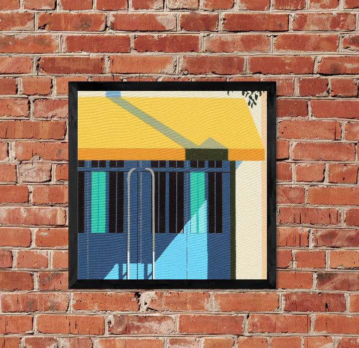 Original acrylic painting Brillar by Gordon Leverton depicting architecture in Condesa Mexico City with vibrant colors and contemporary urban geometric forms