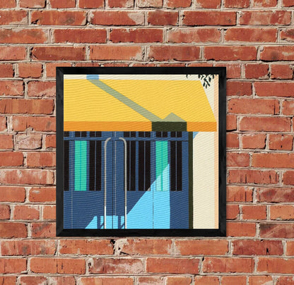 Original acrylic painting Brillar by Gordon Leverton depicting architecture in Condesa Mexico City with vibrant colors and contemporary urban geometric forms