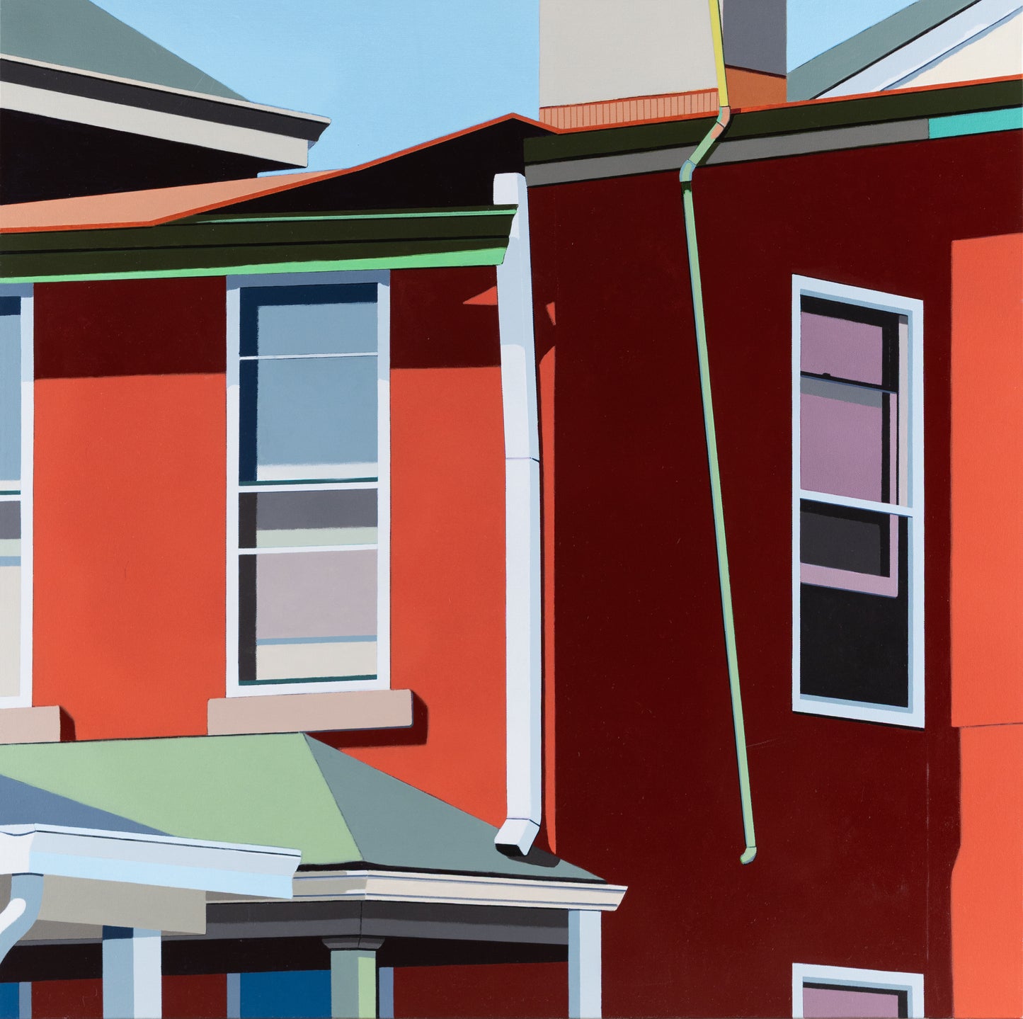 Original acrylic painting Cohort (36x36 inches) by Gordon Leverton depicting colorful row houses on from Hamilton, Canada with red and green facades