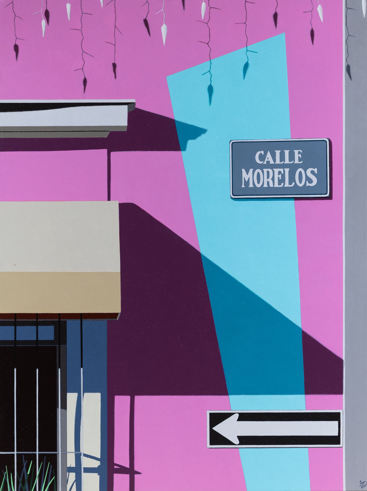 Original acrylic painting Calle Morelos by Gordon Leverton depicting colonial architecture in Providencia Guadalajara Mexico with vibrant colors and urban details