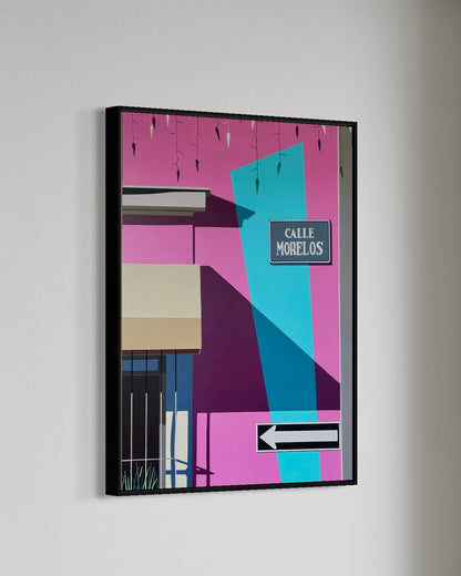 Original acrylic painting Calle Morelos by Gordon Leverton depicting colonial architecture in Providencia Guadalajara Mexico with vibrant colors and urban details