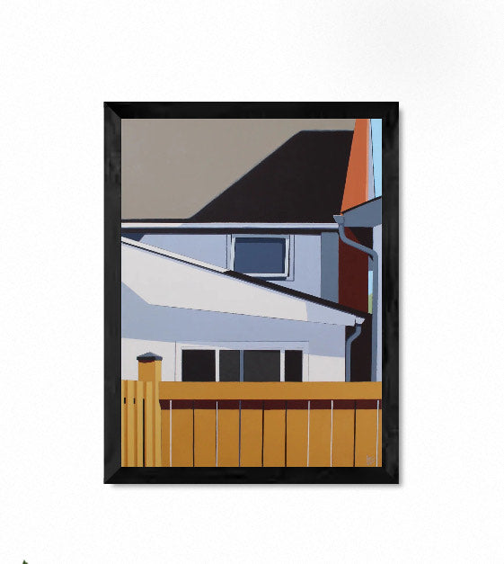 Caucus is an original 24Hx18W inch painting by Gordon Leverton, Hamilton Artist, featuring architectural painting of a side view homes in , Canada in bold geometric shapes.