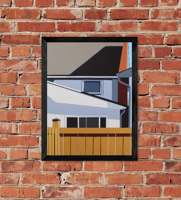 Caucus is an original 24Hx18W inch painting by Gordon Leverton, Hamilton Artist, featuring architectural painting of a side view homes in , Canada in bold geometric shapes.