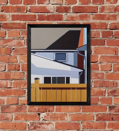 Caucus is an original 24Hx18W inch painting by Gordon Leverton, Hamilton Artist, featuring architectural painting of a side view homes in , Canada in bold geometric shapes.