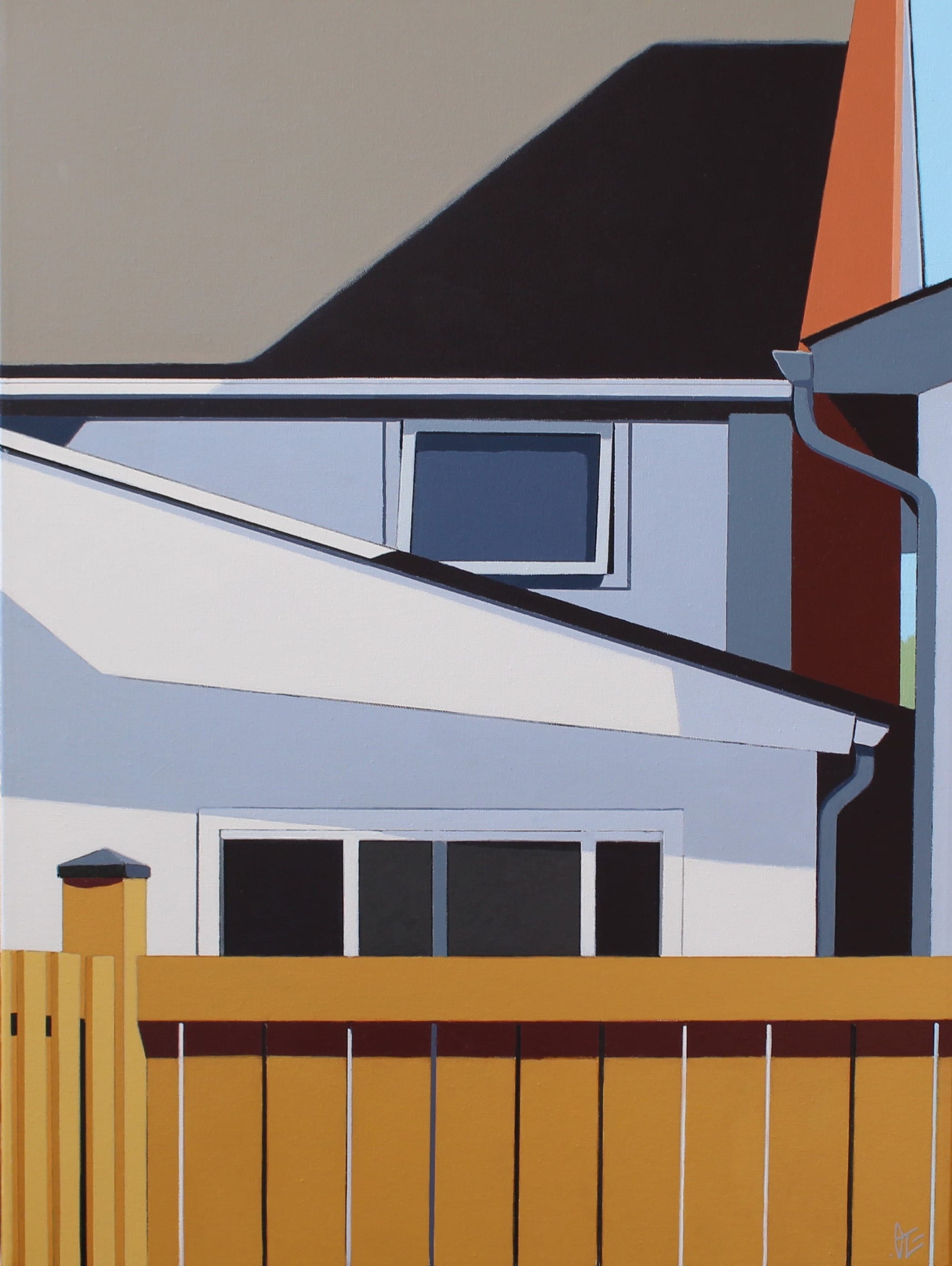 Caucus is an original 24Hx18W inch painting by Gordon Leverton, Hamilton Artist, featuring architectural painting of a side view homes in , Canada in bold geometric shapes.