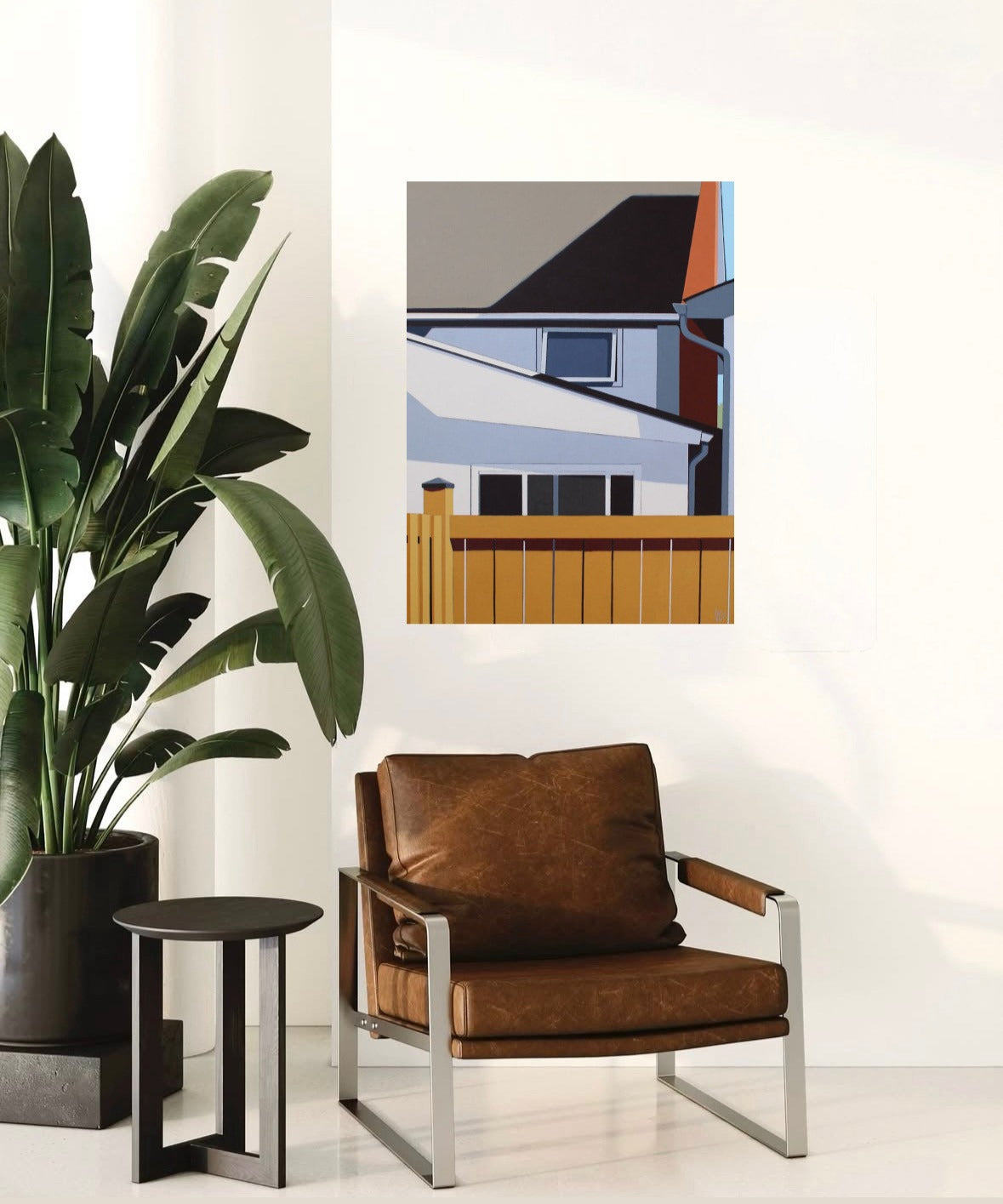 Caucus is an original 24Hx18W inch painting by Gordon Leverton, Hamilton Artist, featuring architectural painting of a side view homes in , Canada in bold geometric shapes.