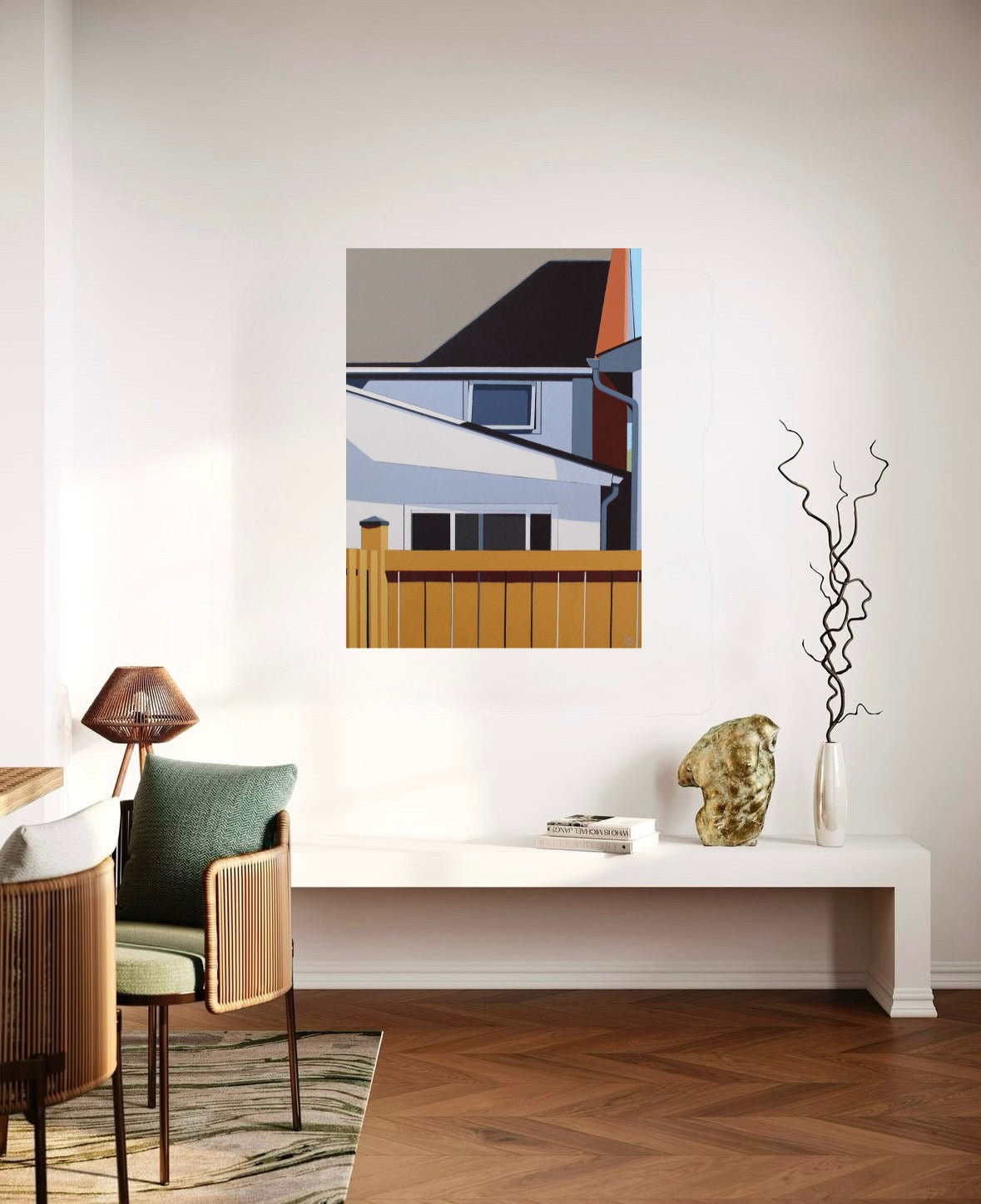 Caucus is an original 24Hx18W inch painting by Gordon Leverton, Hamilton Artist, featuring architectural painting of a side view homes in , Canada in bold geometric shapes.