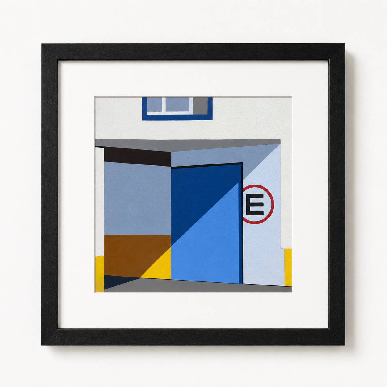 Framed abstract art piece with geometric shapes on a white background