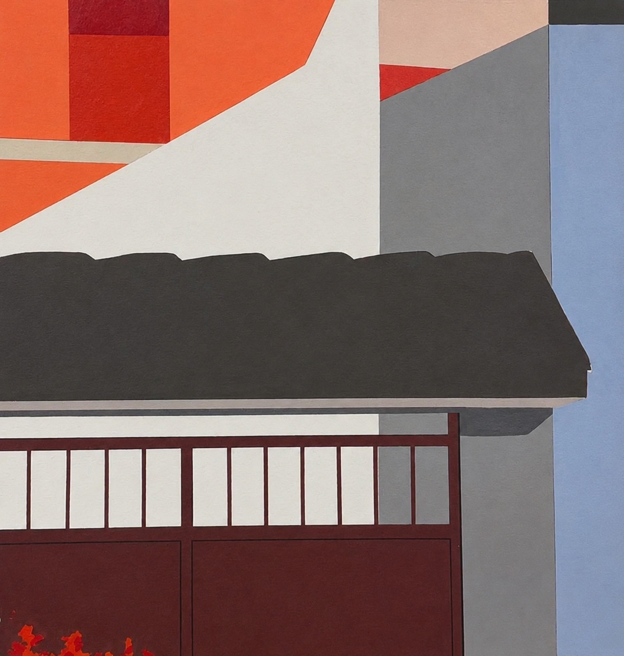 Abstract art piece with geometric shapes and a building silhouette.
